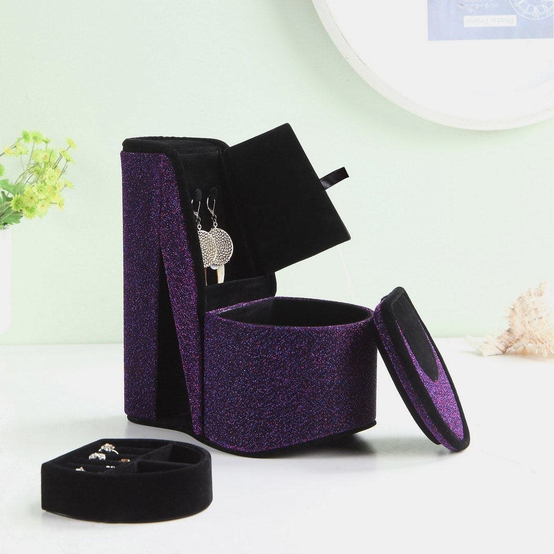 9" Tall Display Jewelry Box with Hidden Storage, High Heel Shoe Design, Purple Velvet