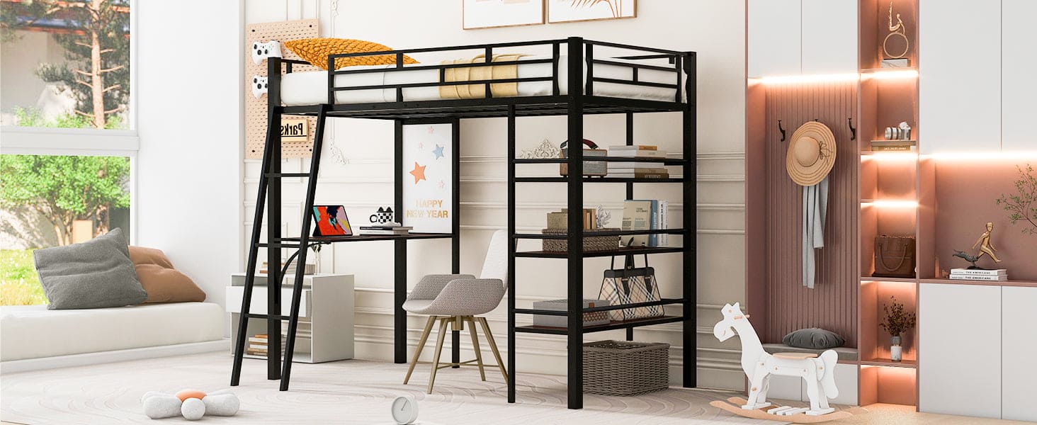 Twin Size Loft Metal Bed with 3 Layers of Shelves and Desk, Stylish Metal Frame Bed with Whiteboard, Black