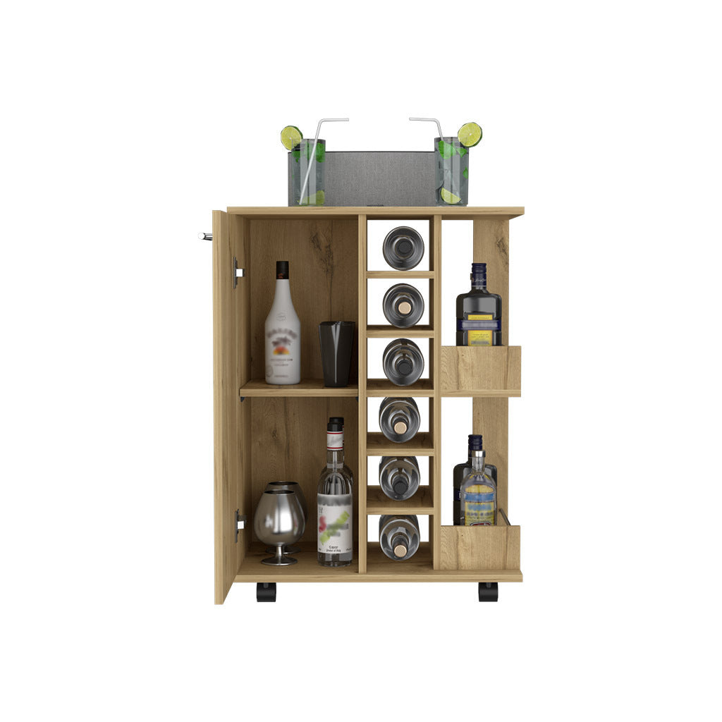 Bar Cart Wells, Four Casters, Six Wine Cubbies, Single Door Cabinet, Light Oak Finish