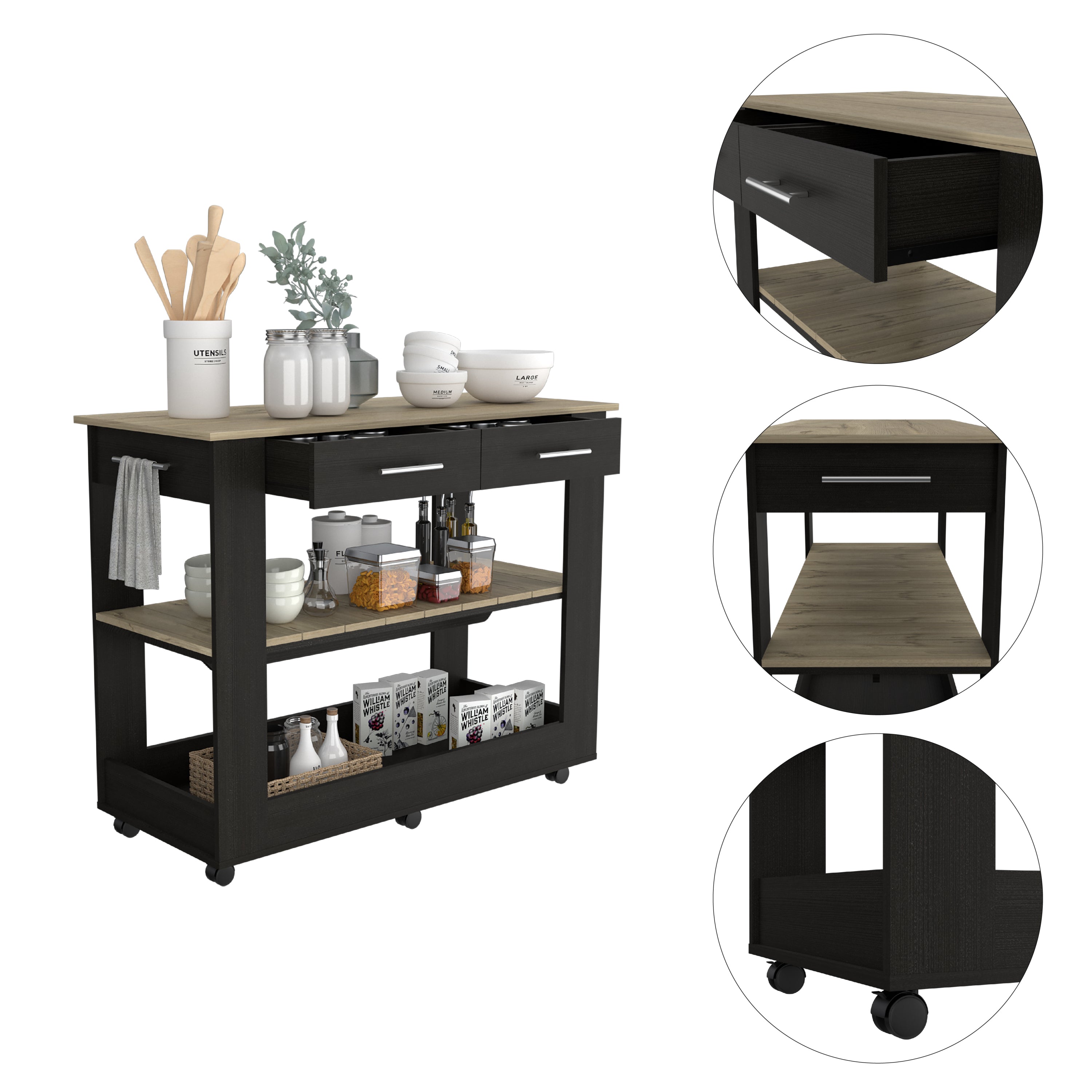 Rockaway 2-Drawer 2-Shelf Kitchen Island Black Wengue and Light Oak