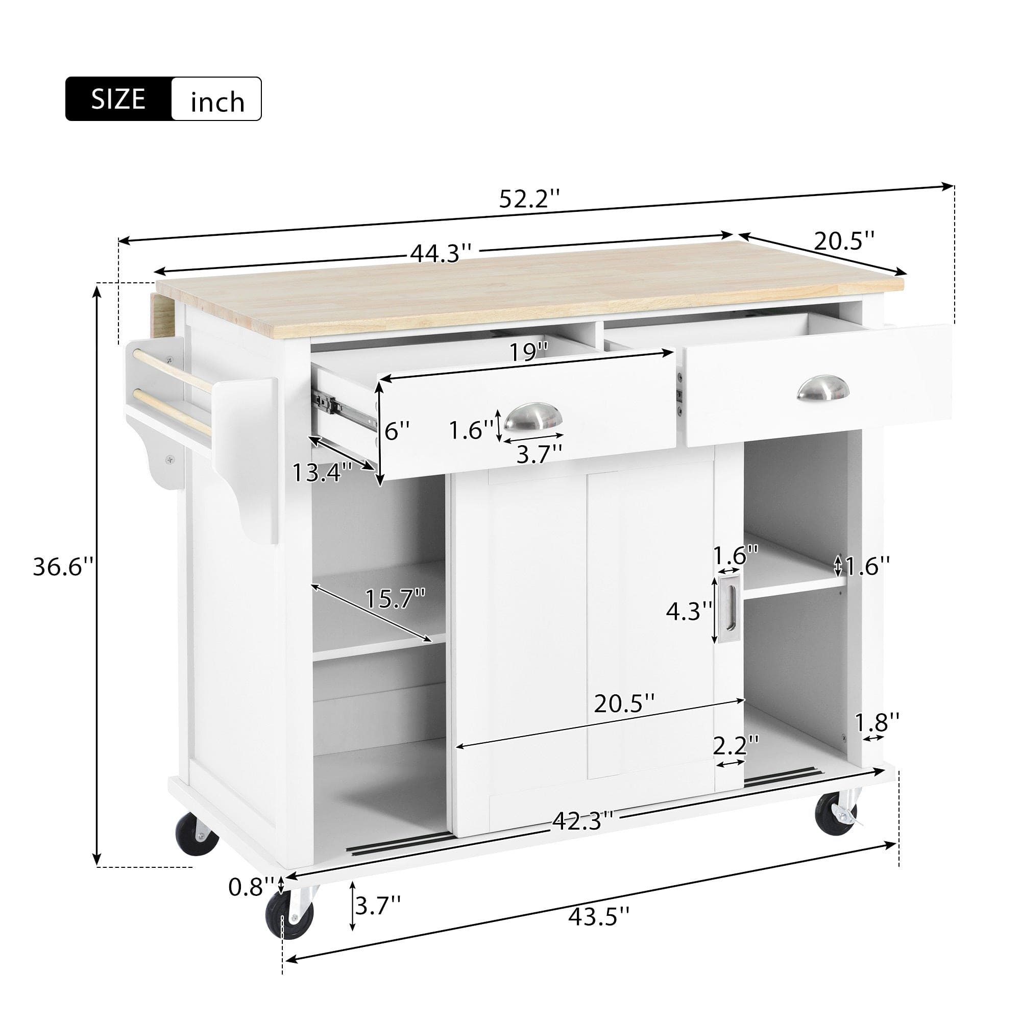 Kitchen Cart with Rubber wood Drop-Leaf Countertop, Concealed sliding barn door adjustable height,Kitchen Island on 4 Wheels with Storage Cabinet and 2 Drawers,L52.2xW30.5xH36.6 inch, White