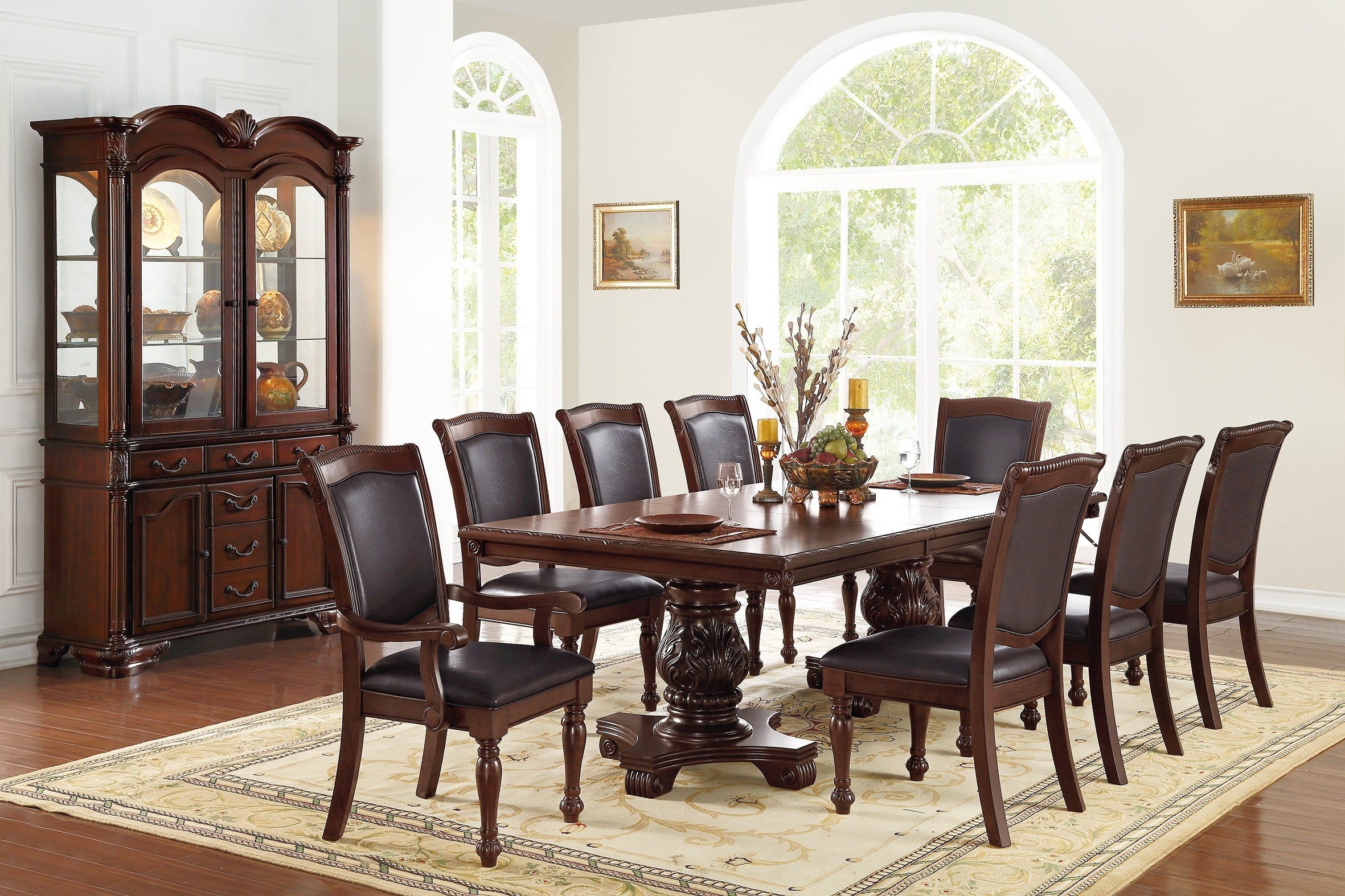 Formal Dining Room Table w Leaf Brown 1pc Dining Table Only Double Pedestal Base Royal Rectangle Table