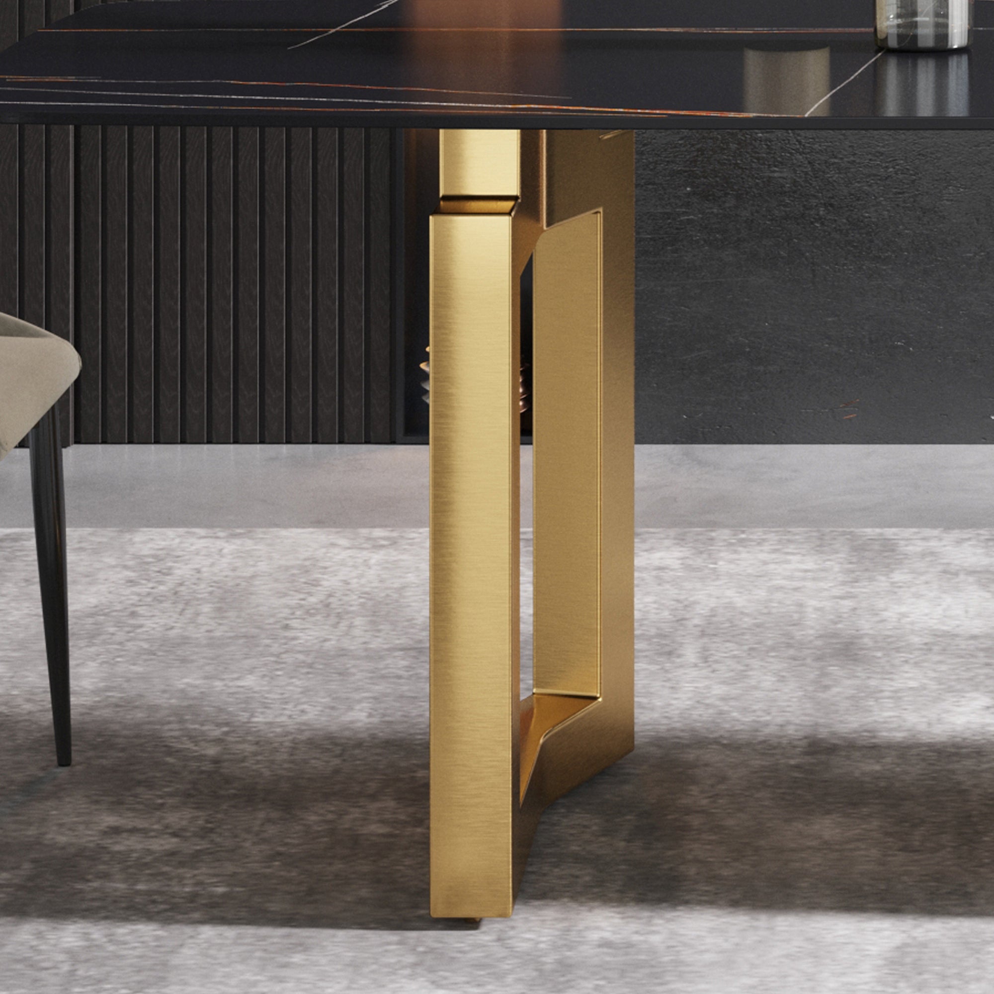 63"Modern artificial stone black curved golden metal leg dining table -6 people