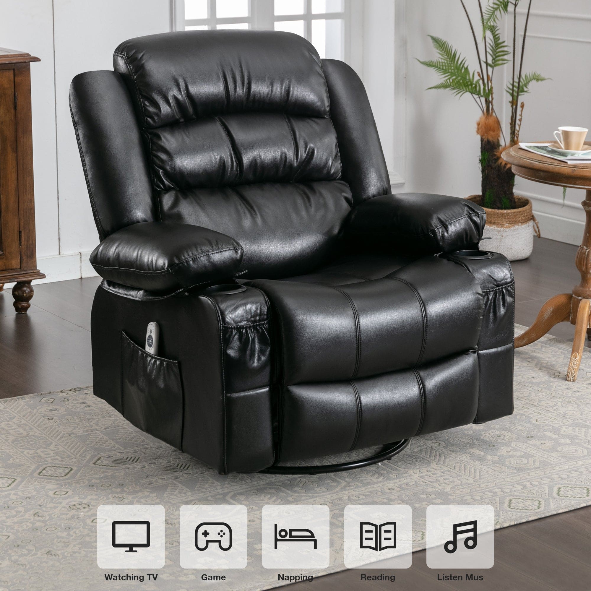 Massage Swivel Rocker Recliner Chair with Vibration Massage and Heat Ergonomic Lounge Chair for Living Room with Rocking Function and Side Pocket   2 Cup Holders USB Charge Port ,black.