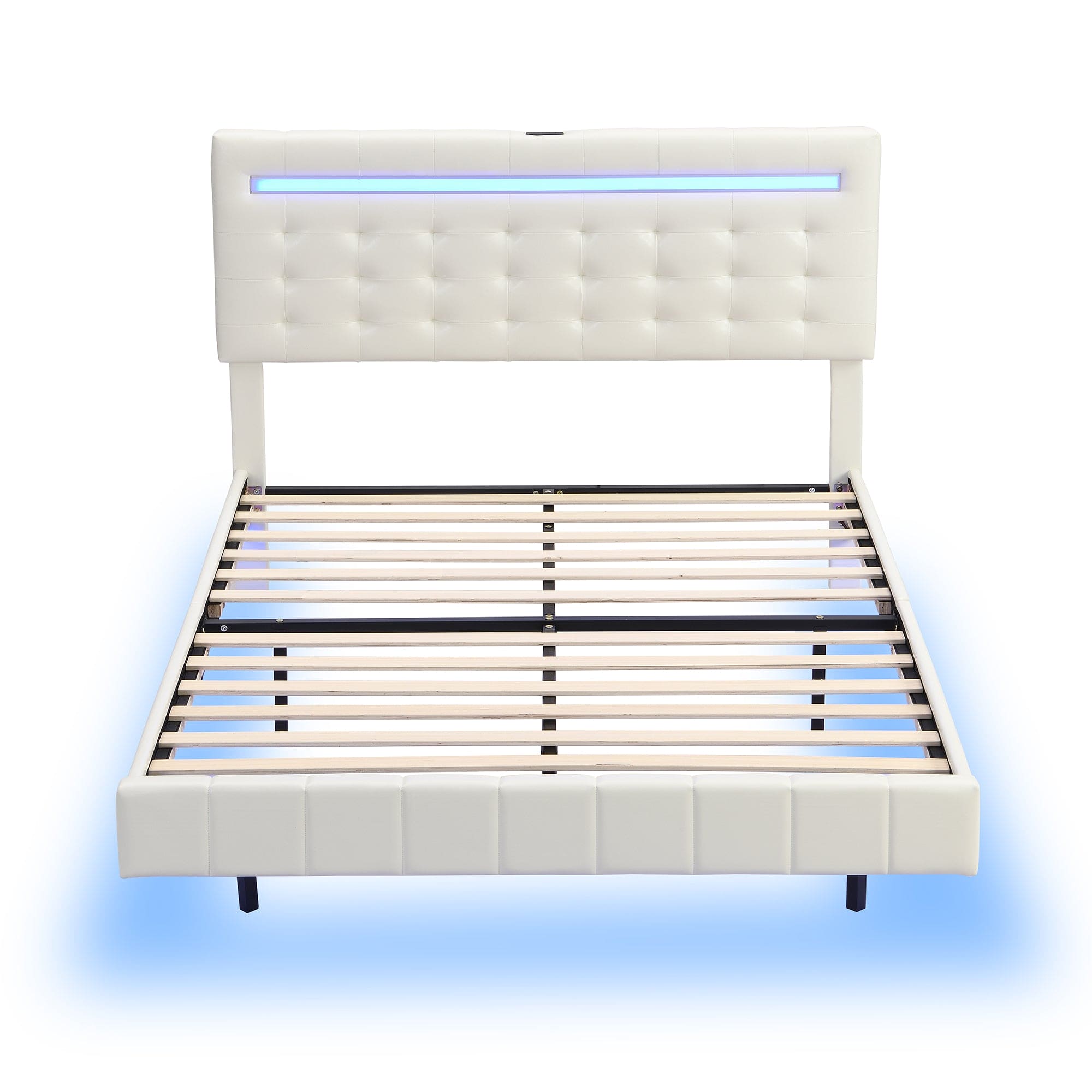 Full Size Floating Bed Frame with LED Lights and USB Charging,Modern Upholstered Platform LED Bed Frame,White(Full)