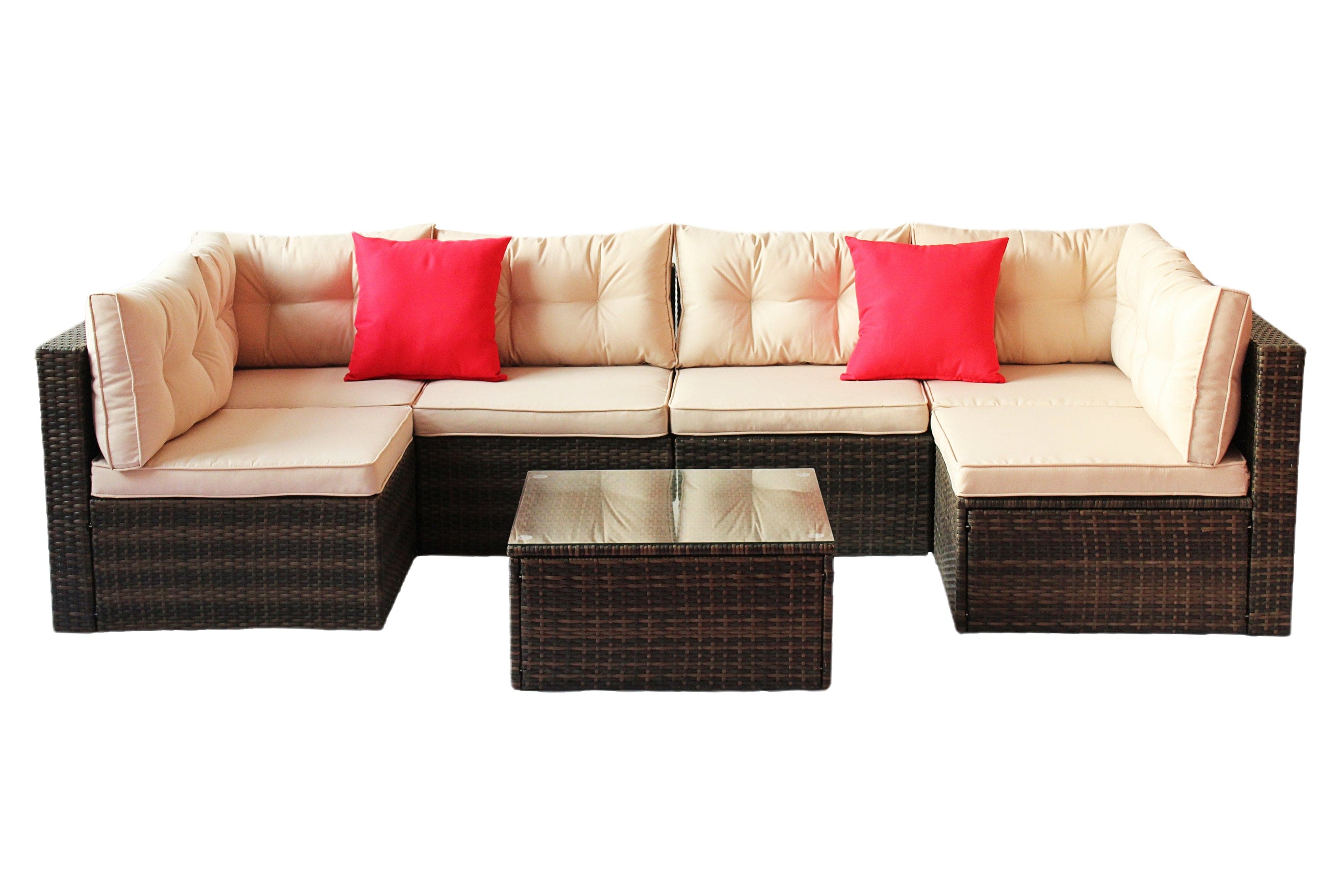 Patio Furniture Set PE Rattan Sectional Garden Furniture Corner Sofa Set (7 Pieces, Shallow brownCushion)