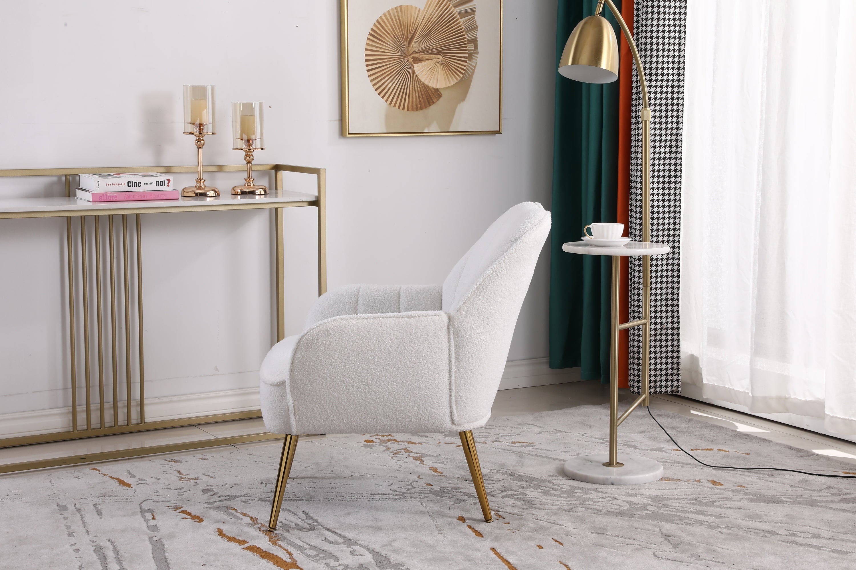 Modern Soft White Teddy fabric Ivory Ergonomics Accent Chair Living Room Chair Bedroom Chair Home Chair With Gold Legs And Adjustable Legs For Indoor Home