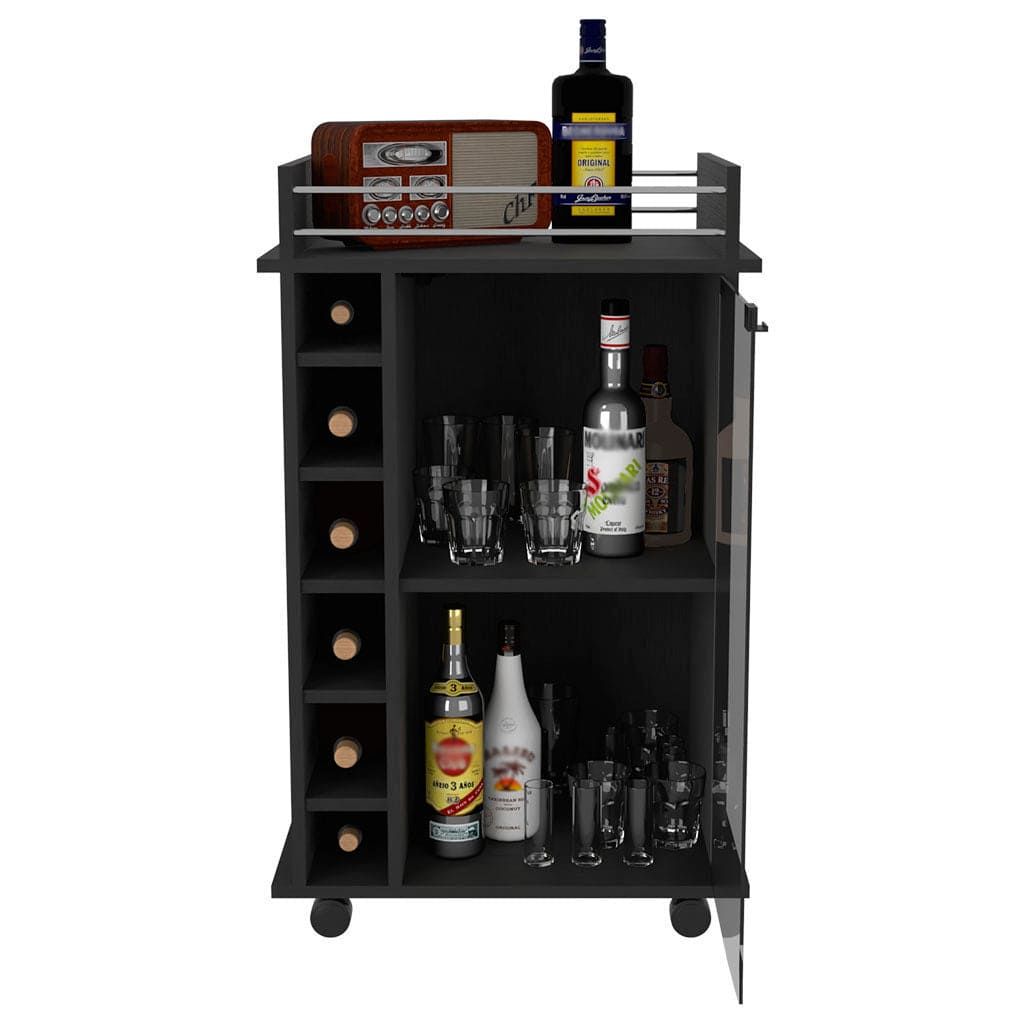 Bar Cart Baltimore, Two Tier Cabinet With Glass Door, Six Wine Cubbies, Black Wengue Finish