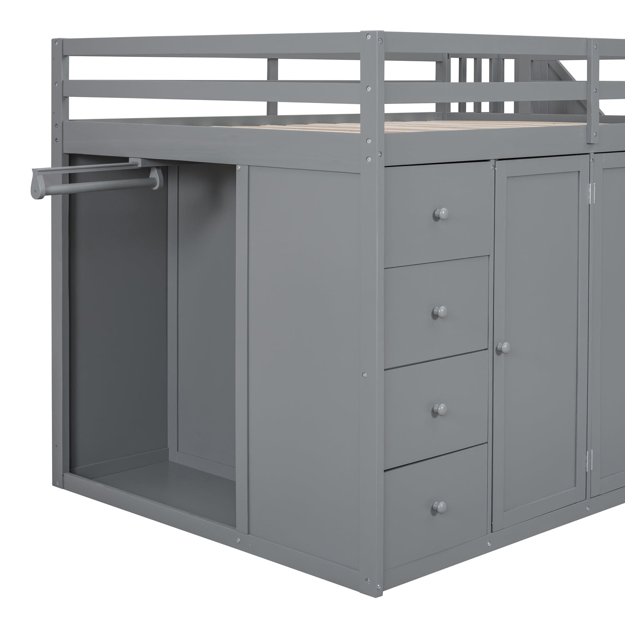 Full Size Wood Loft Bed With Built-in Wardrobes, Cabinets and Drawers, Gray