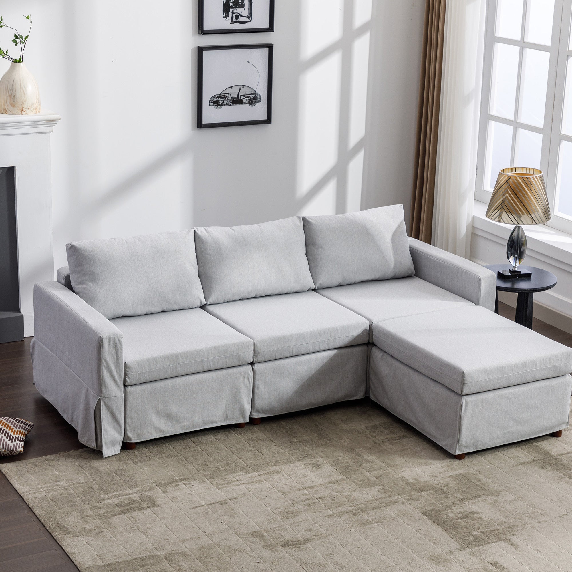 3 Seat Module Sectional Sofa Couch With 1 Ottoman,Seat Cushion and Back Cushion Removable and Washable,Light Grey