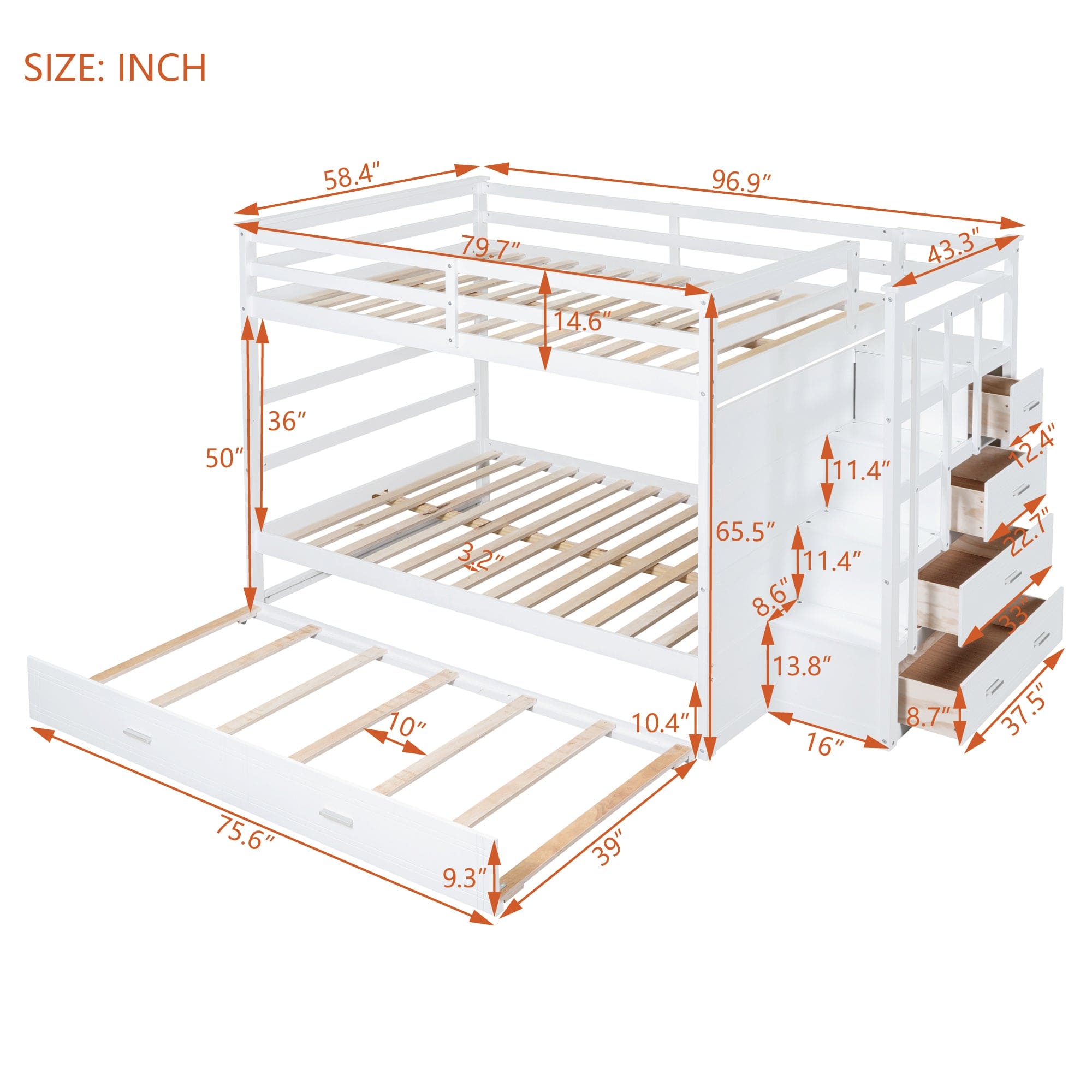 Full Over Full Bunk Bed with Twin Size Trundle and Staircase, White