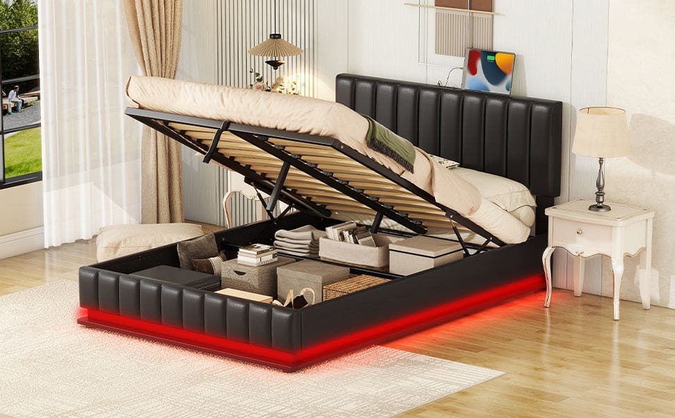 Full Size Upholstered Bed with Hydraulic Storage System and LED Light, Modern Platform Bed with Sockets and USB Ports, Black