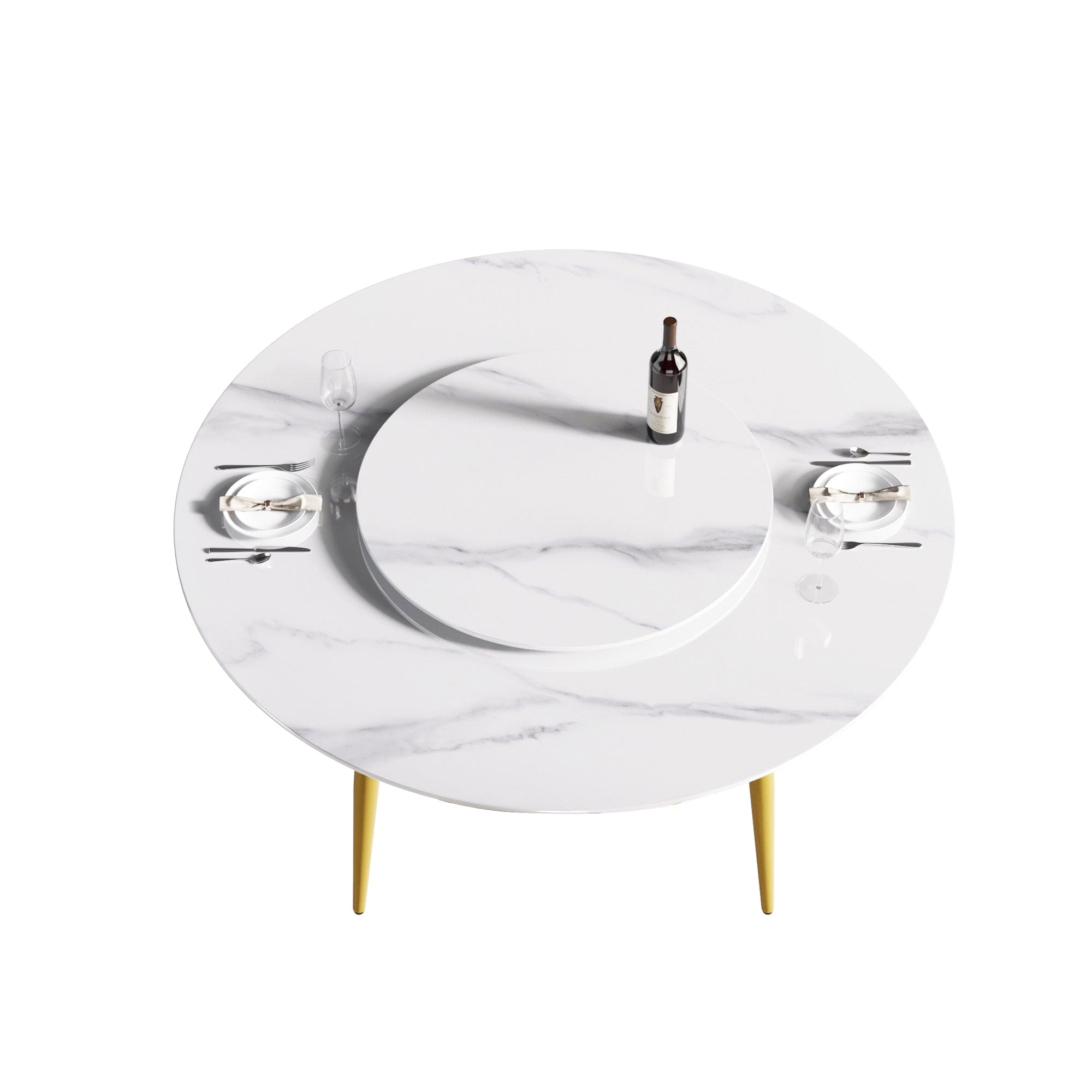 59.05"Modern artificial stone round golden metal dining table-can accommodate 6 people-31.5"white artificial stone turntable