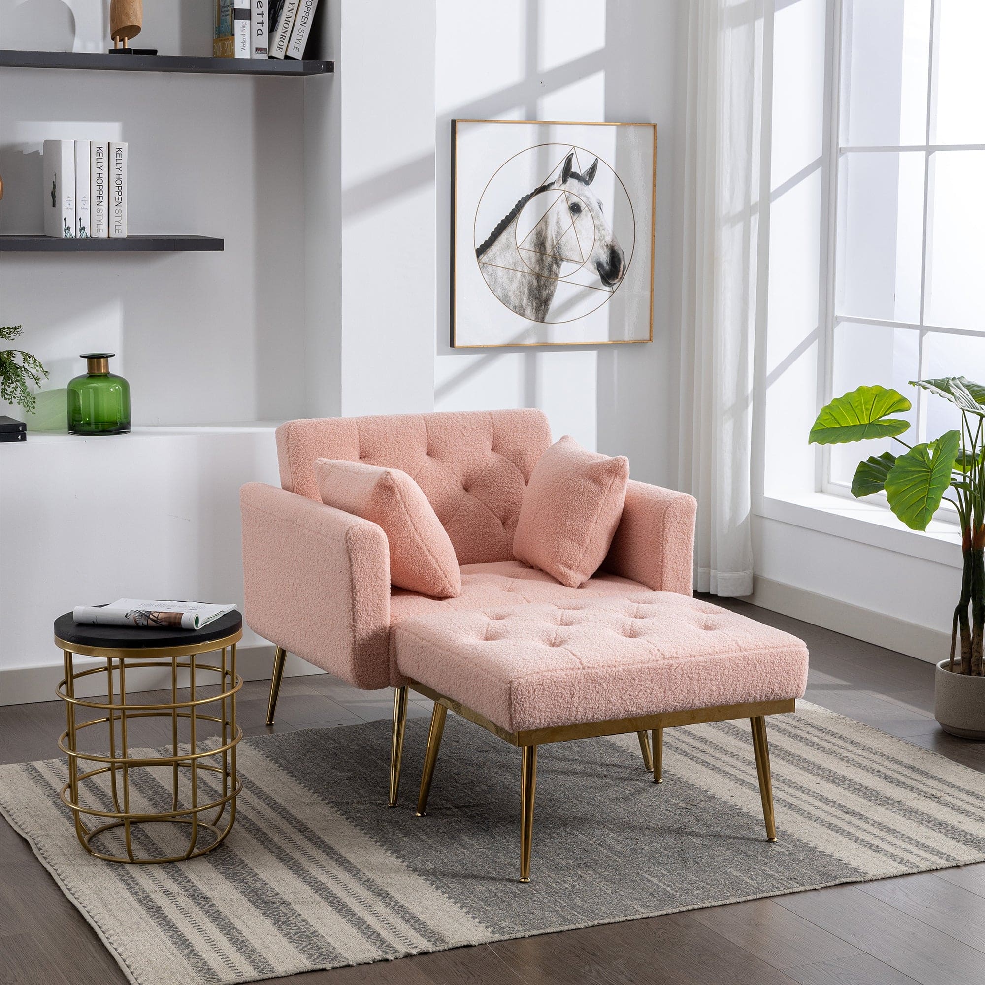 36.61'' Wide Modern Accent Chair With 3 Positions Adjustable Backrest, Tufted Chaise Lounge Chair, Single Recliner Armchair With Ottoman And Gold Legs For Living Room, Bedroom (Pink)