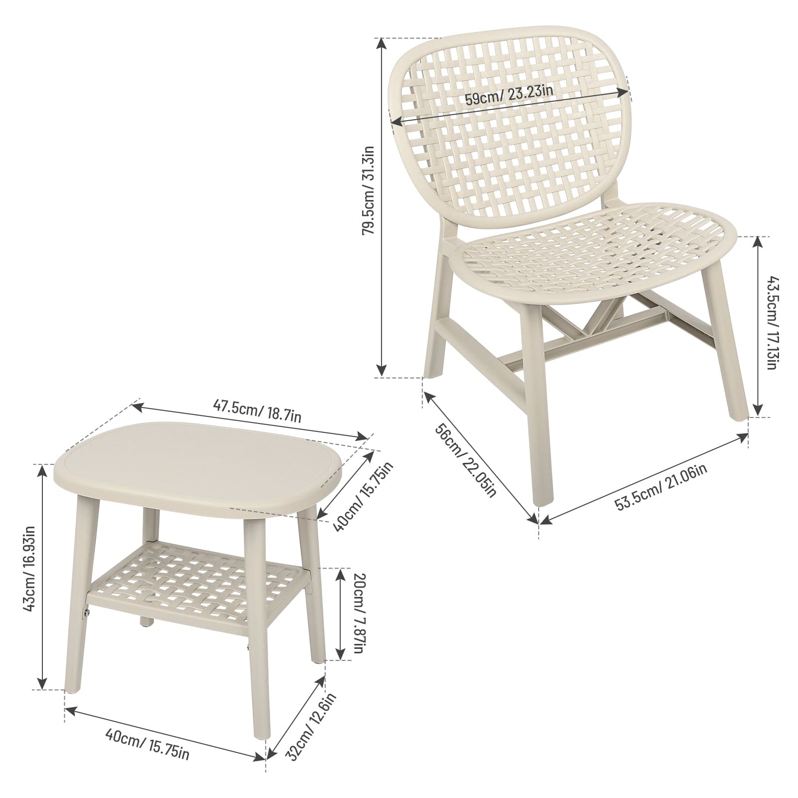 3 Pieces Hollow Design Retro Patio Table Chair Set White