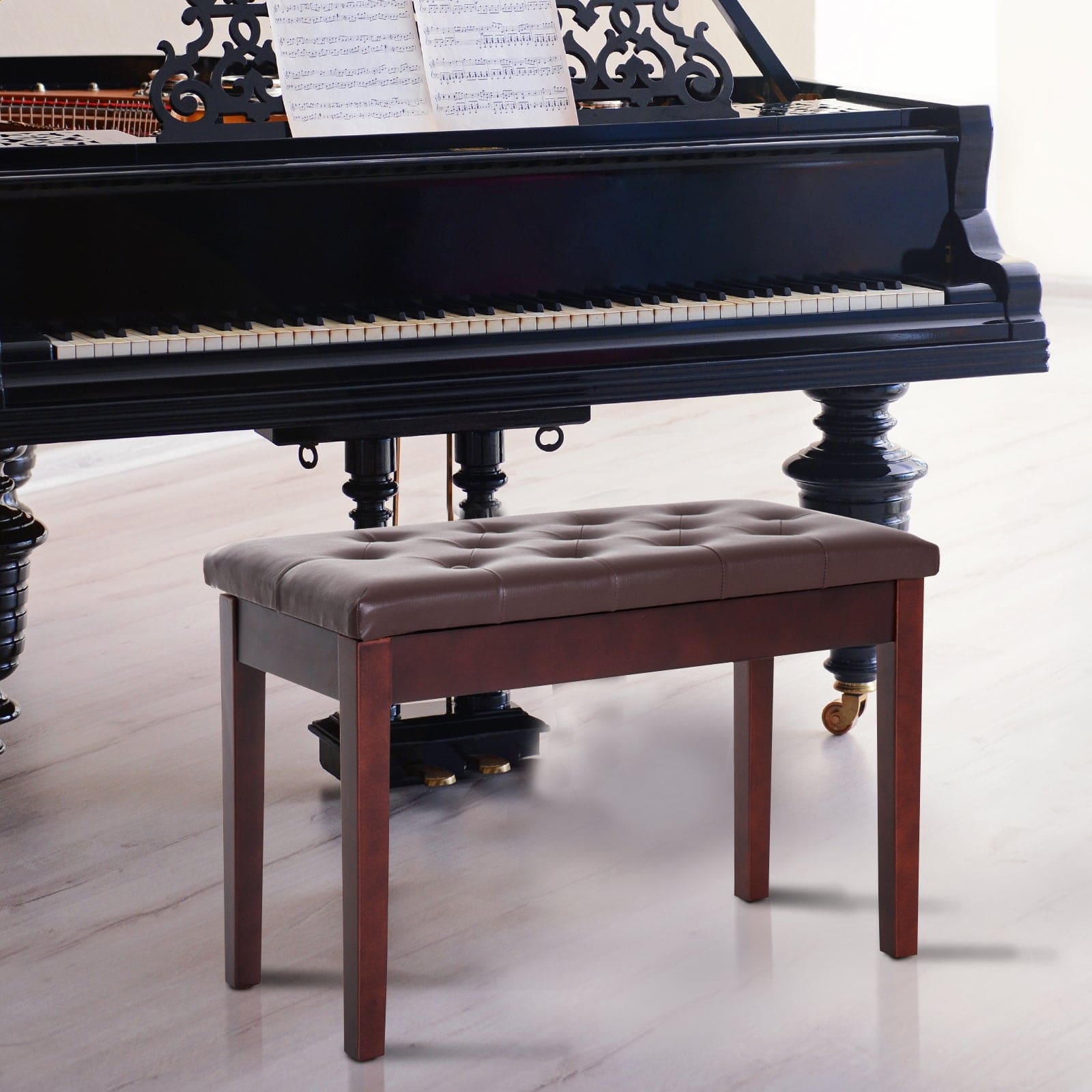 HOMCOM Piano Bench, Duet Piano Chair with Faux Leather Padded Cushion and Wooden Frame, Button Tufted Keyboard Bench, Brown