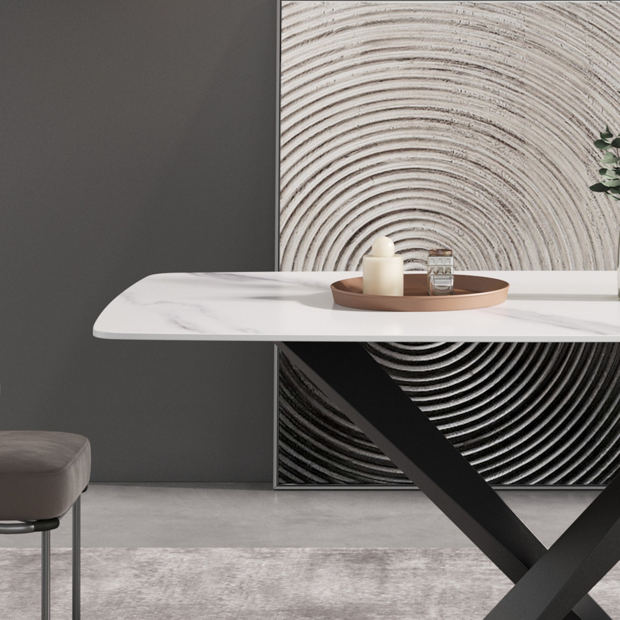 63"Modern artificial stone white curved black metal leg dining table -6 people