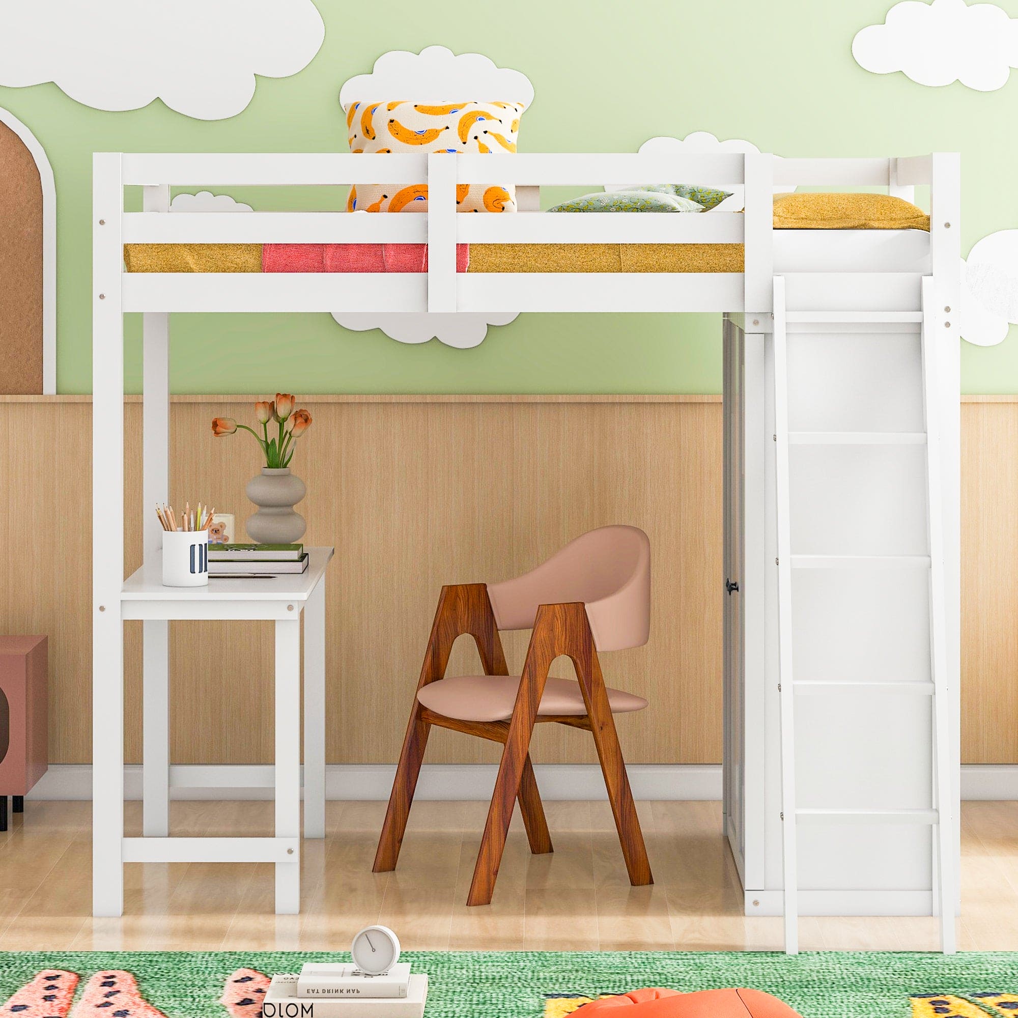 Twin Size Loft Bed with Wardrobe and Desk, White