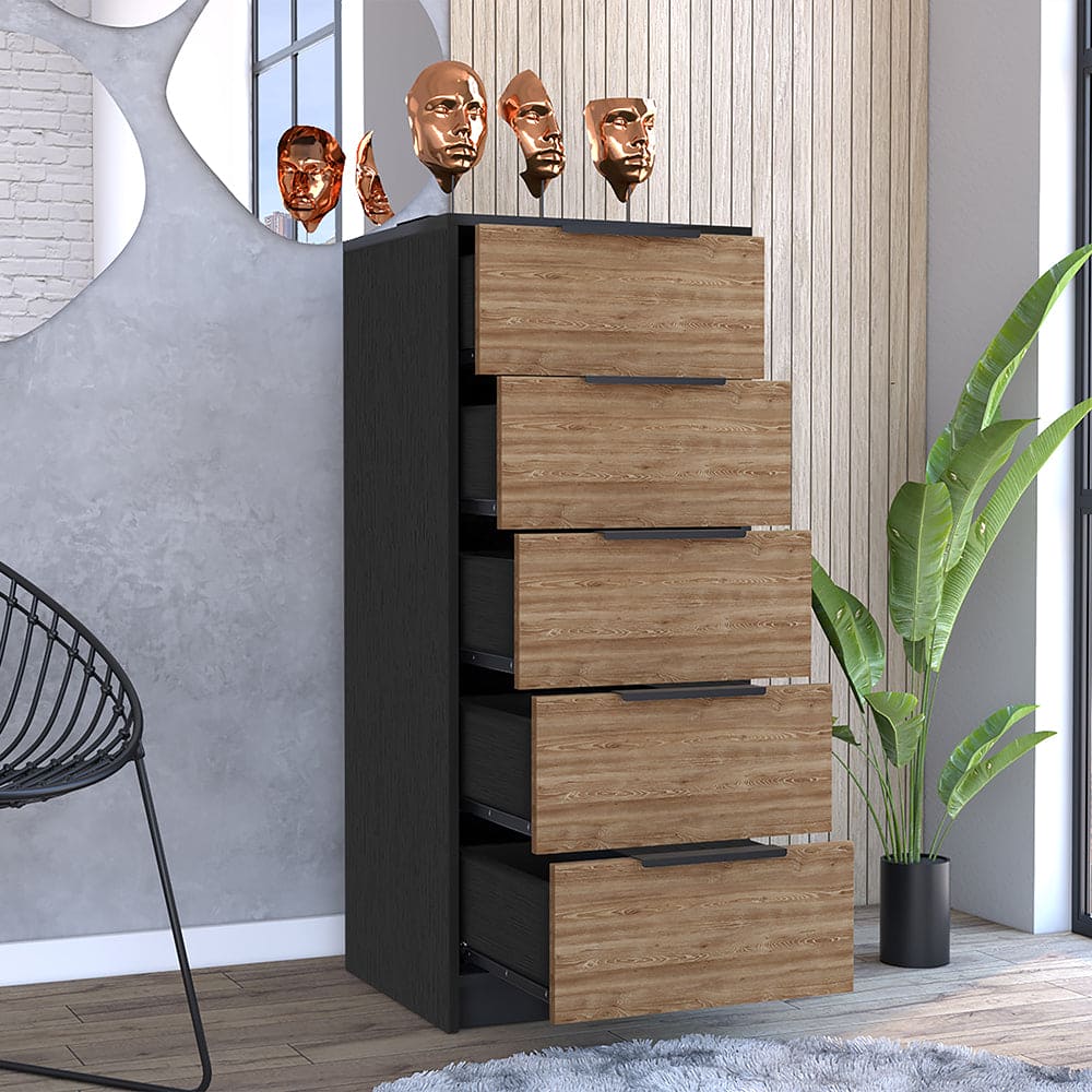 5 Drawers Dresser Maryland, Metal Handle, Black Wengue / Pine Finish