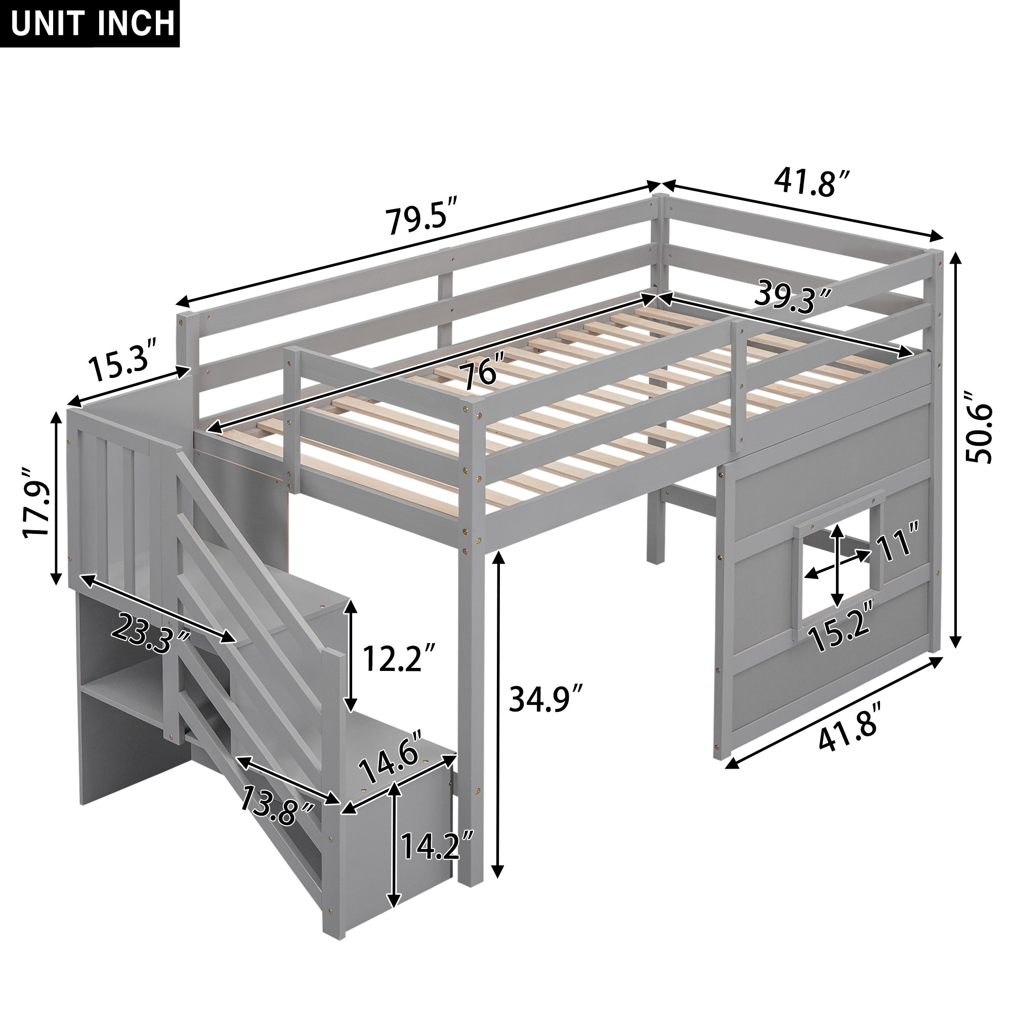 Twin Size Loft Bed with Storage Staircase and Window, Gray