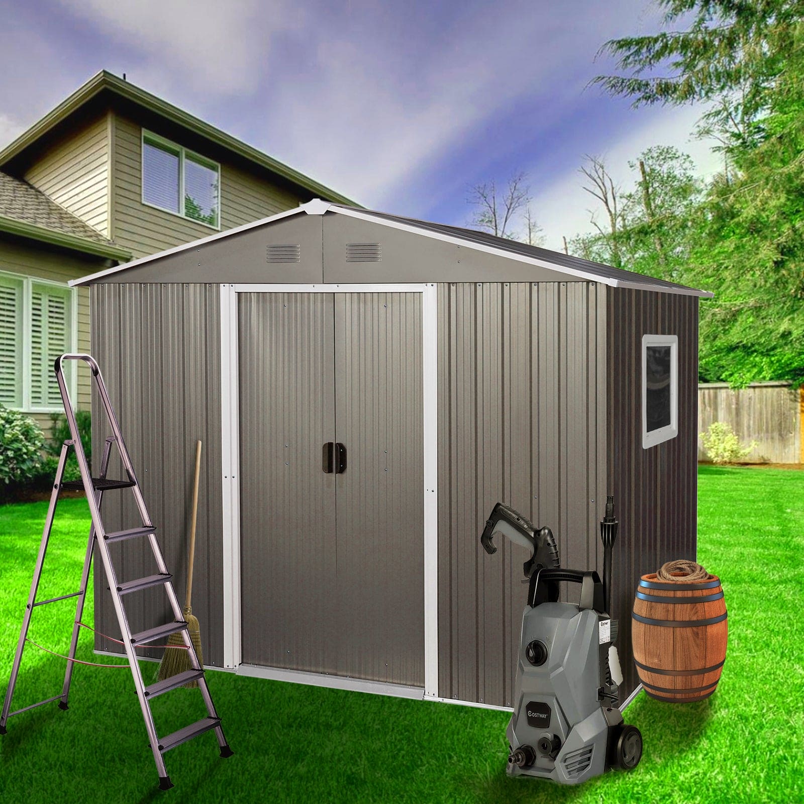 6ft x 8ft Outdoor Metal Storage Shed with Window Grey