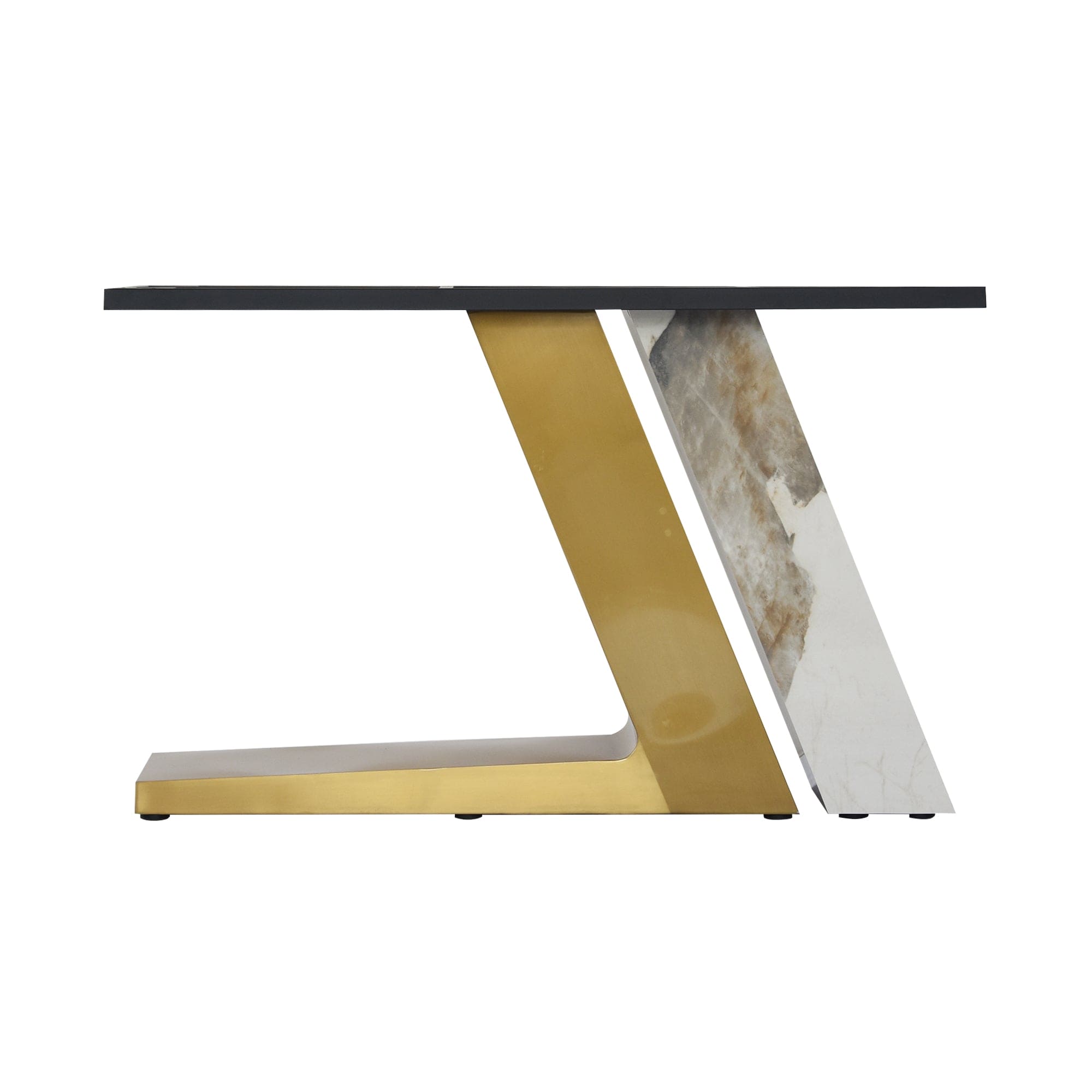 78.74"modern artificial stone black straight panel, golden+white metal legs-can accommodate 8 people.(Not including chairs)