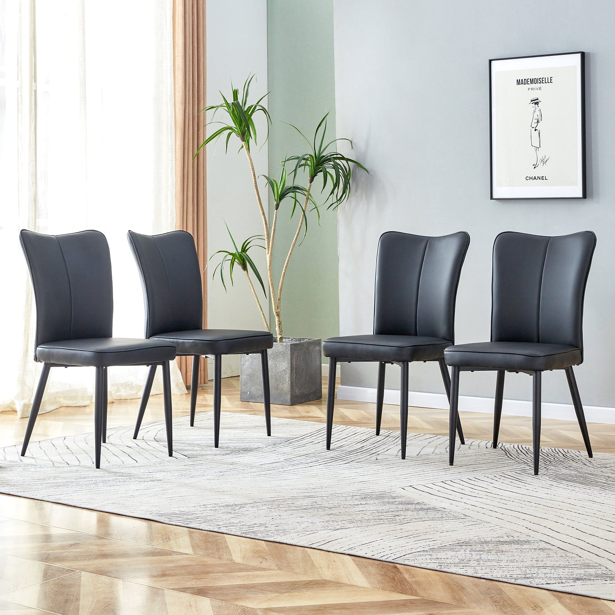 Modern minimalist dining chairs, black PU leather curved backrest and seat cushions, black metal chair legs, suitable for restaurants, bedrooms, and living rooms. A set of four chairs. 008