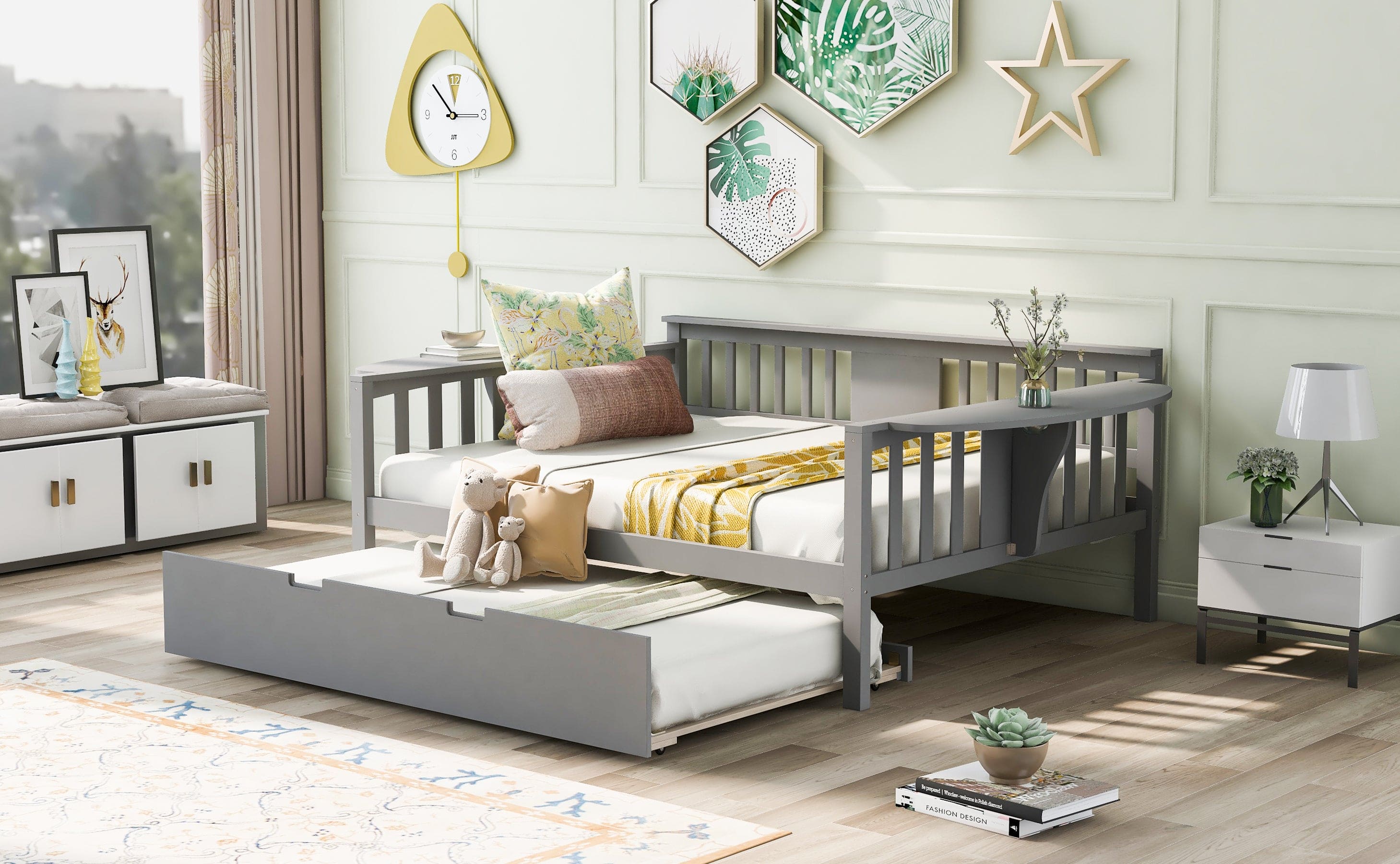 Full size Daybed with Twin size Trundle, Wood Slat Support, Gray