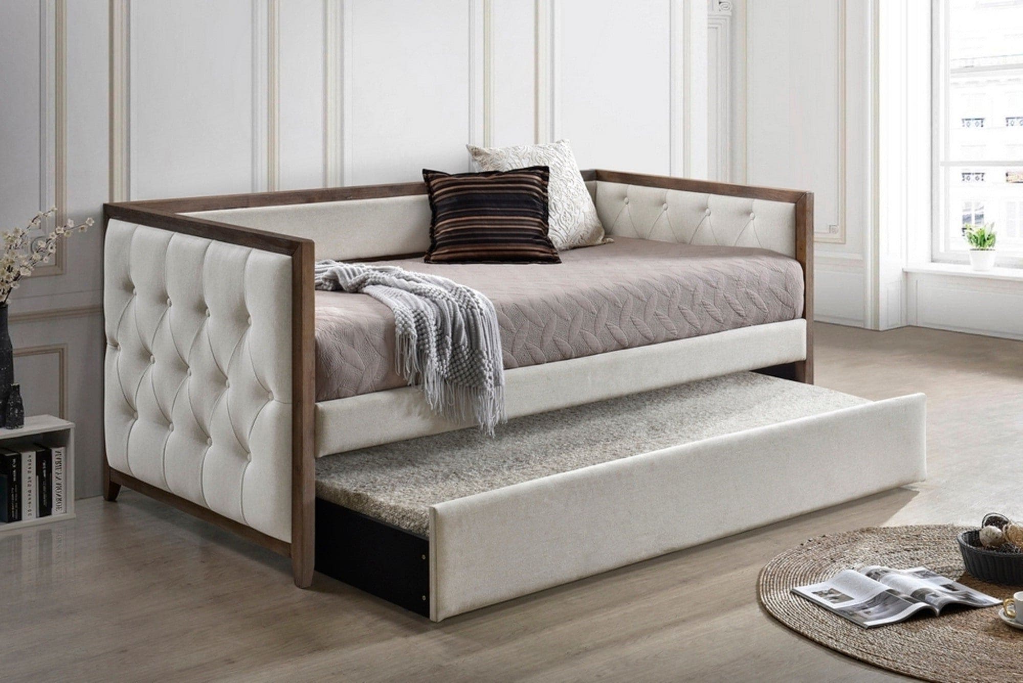 Ultra Stylish Daybed with Trundle 1pc Solid Wood Frame Beige Fabric Upholstered Button-Tufted Modern Home Furniture