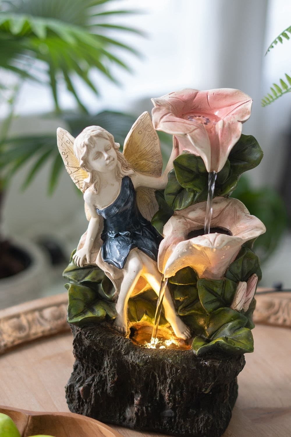 8.9x4.7x13.4" Decorative 3 Tier Tabletop Water Fountain with Fairy and LED Light, Angel Girl with Pink Flower Design, for Indoor Tabletop and Outdoor