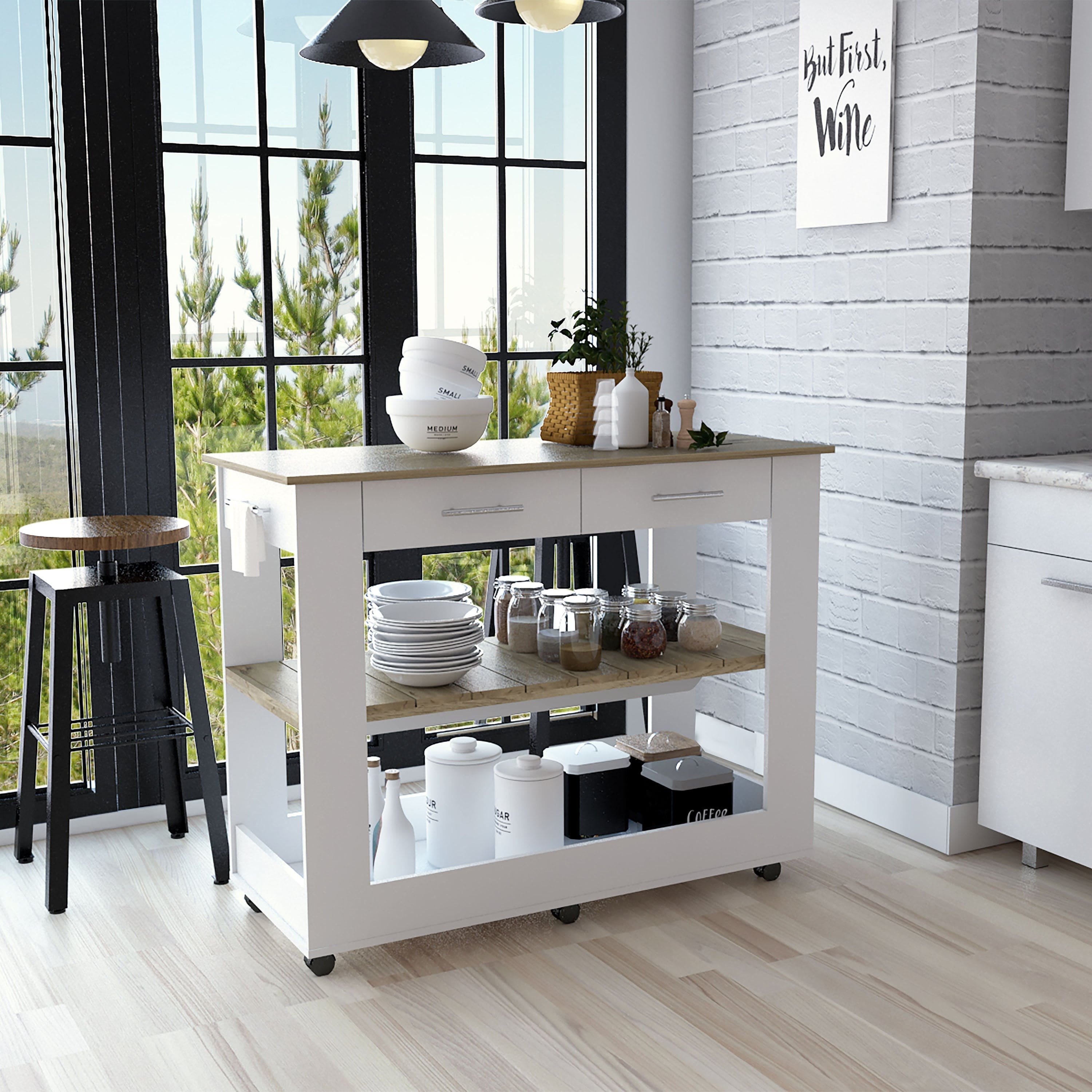 Kitchen Island 46 Inches Dozza, Two Drawers, White / Light Oak Finish