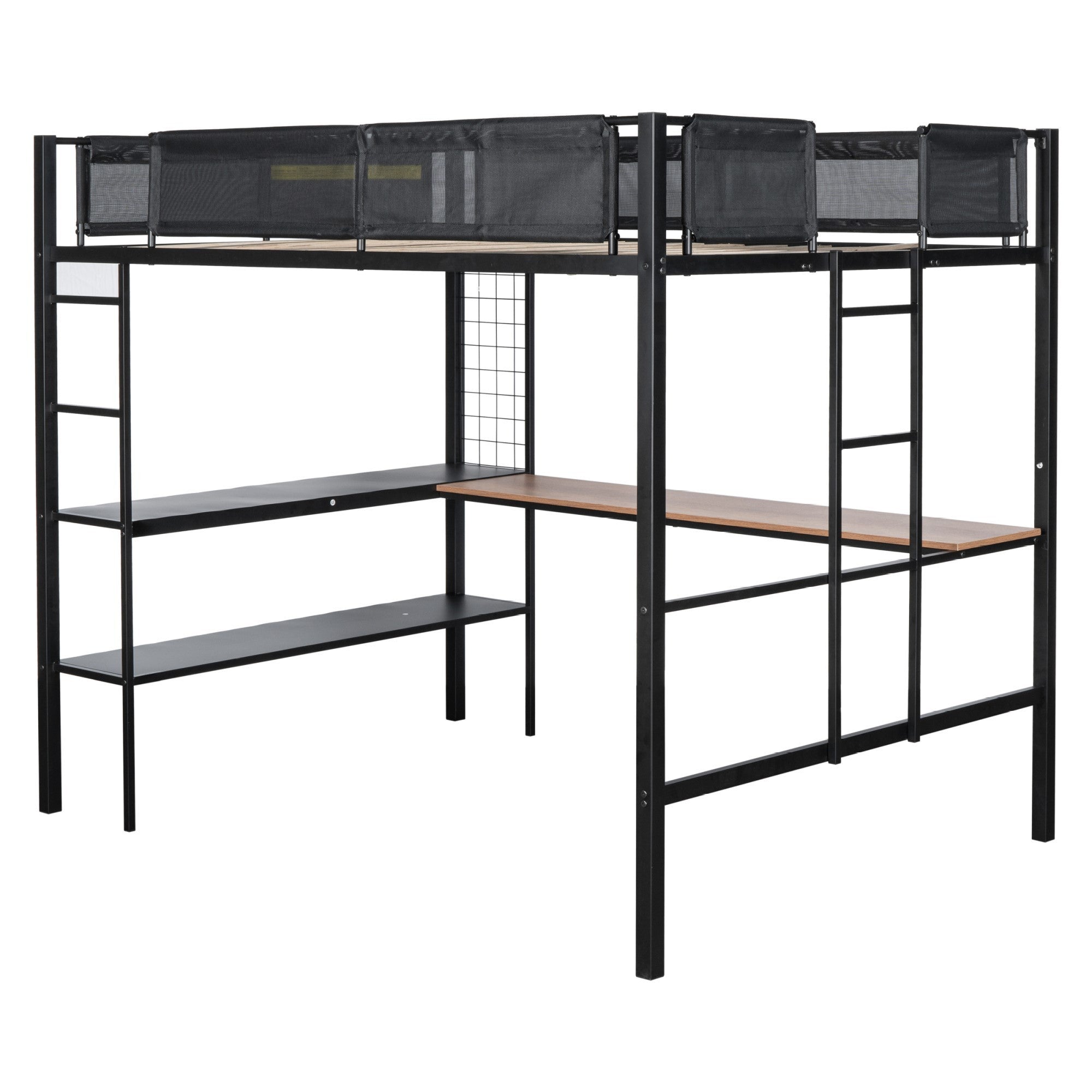 Metal Full Size Loft Bed with Desk & Shelves/ Sturdy Metal Bed Frame/ Noise-free Wood Slats/ Comfortable Textilene Guardrail/ Built-in Desk, 2-tier Shelves & Grid Panel/ 2 Side Ladders