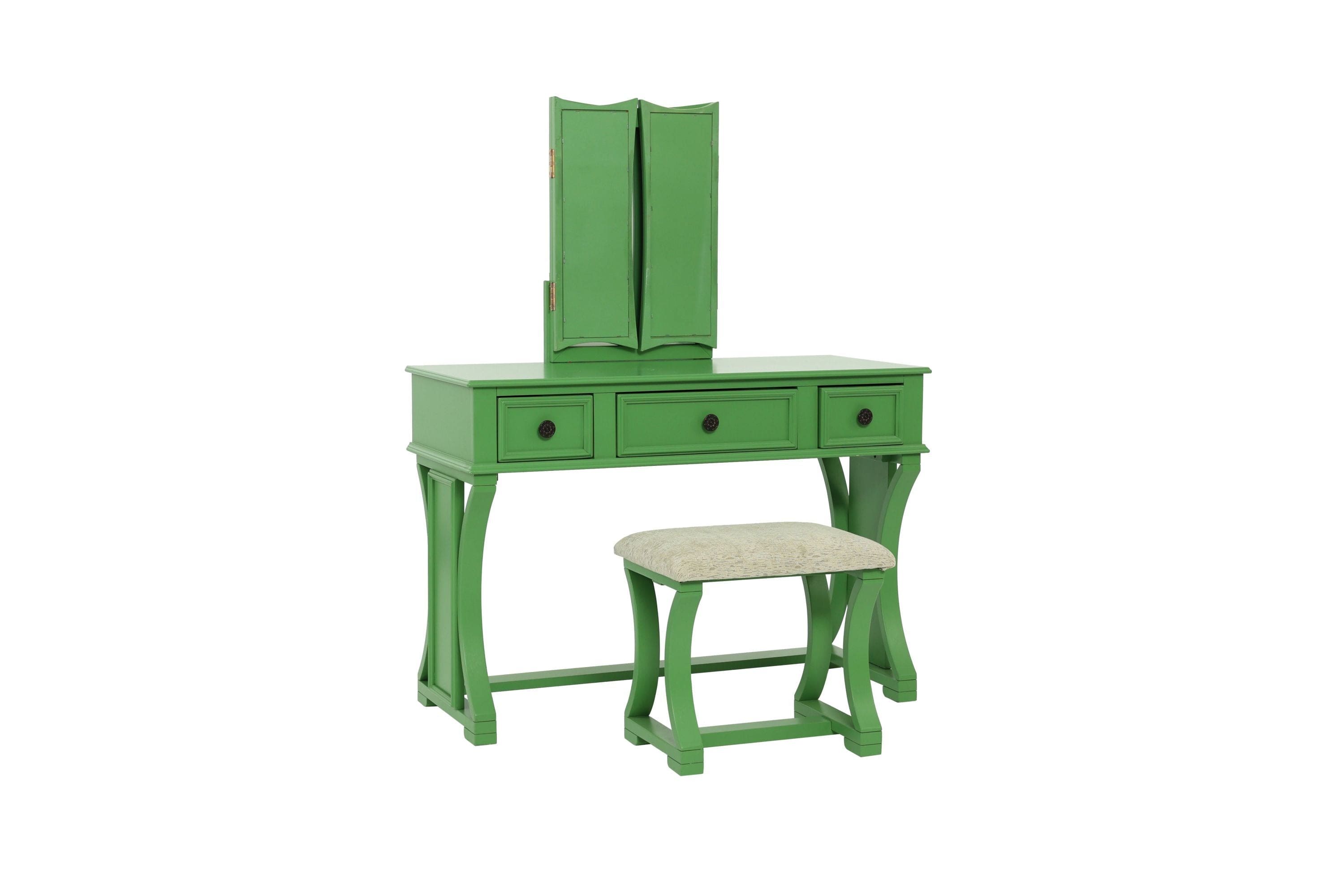 Unique Modern Bedroom Vanity Set w Stool Foldable Mirror Drawers Apple Green Color MDF Veneer 1pc Vanity Furniture