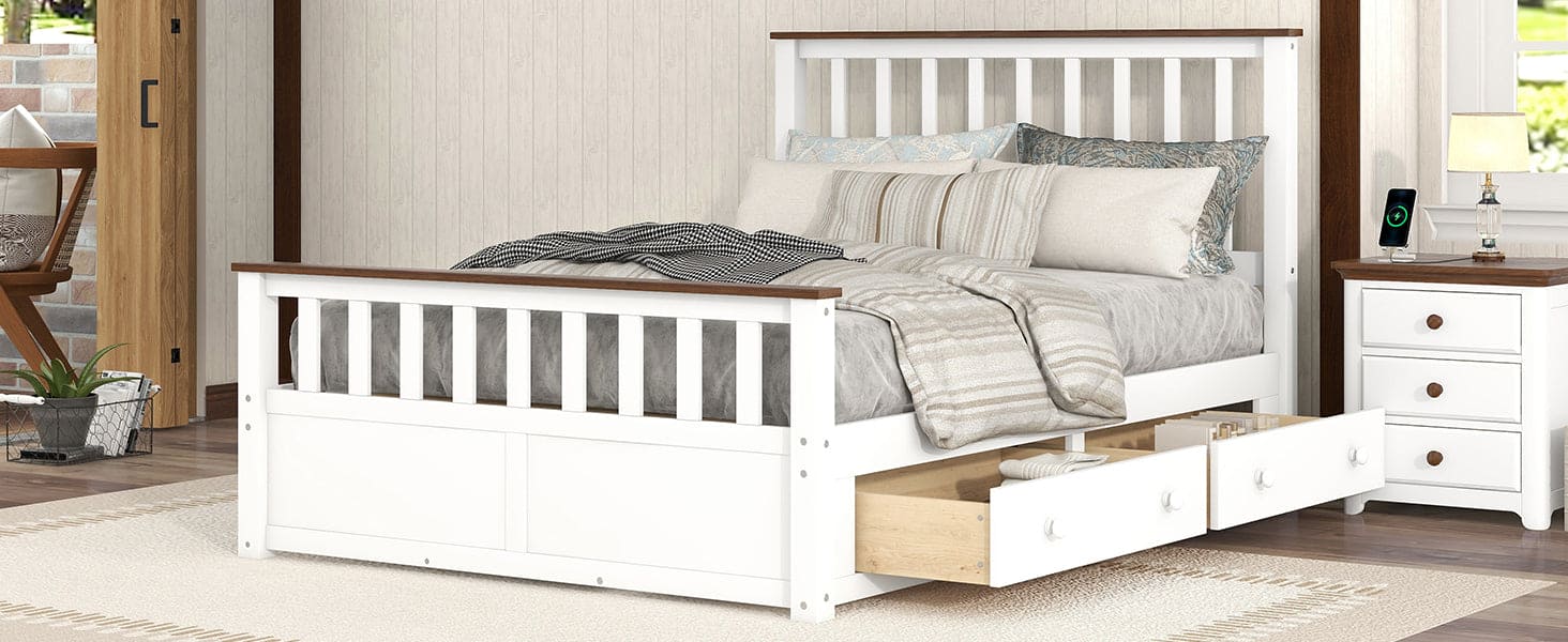 Full Size Wood Platform Bed with Two Drawers and Wooden Slat Support,White+walnut