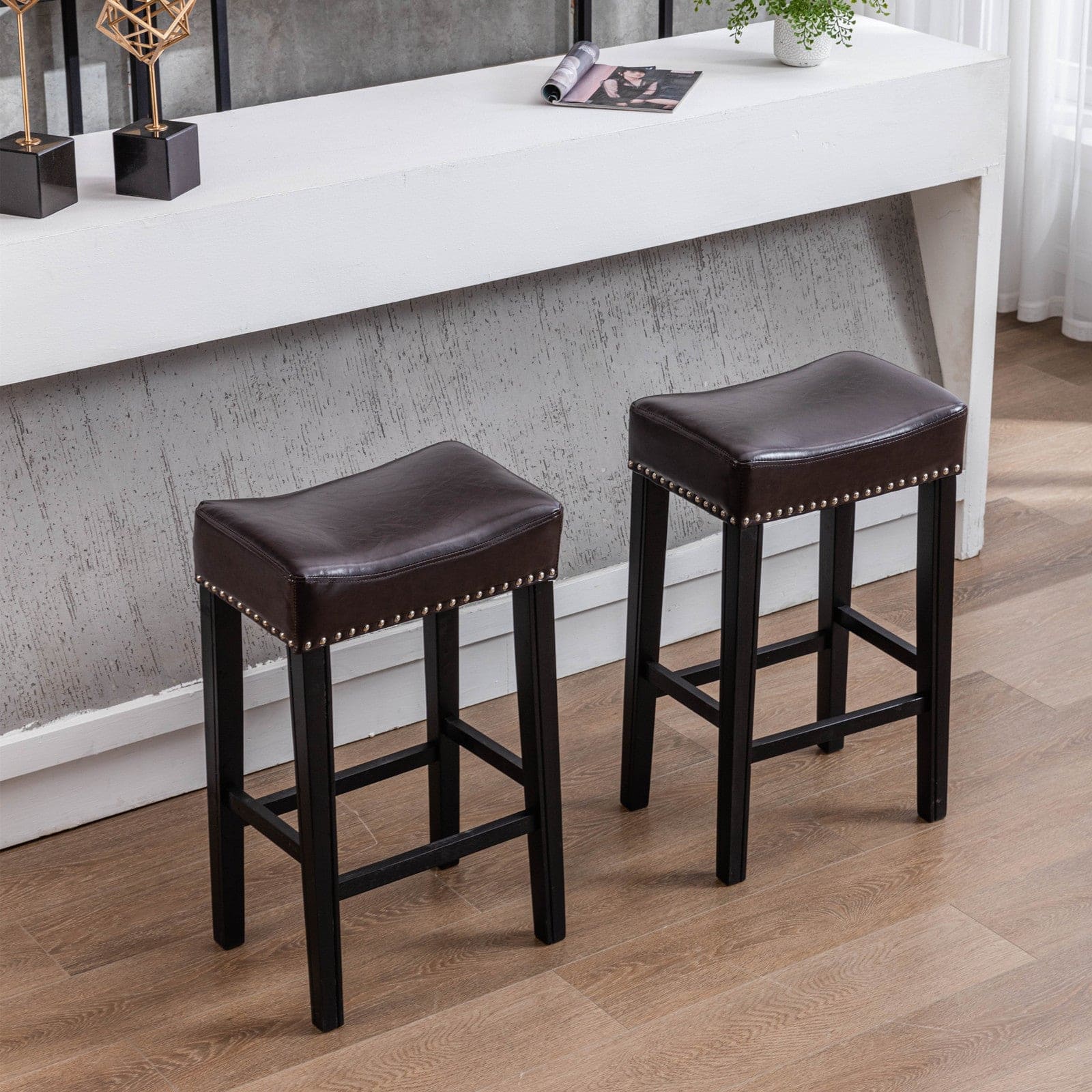 A&A Furniture,Counter Height 29" Bar Stools for Kitchen Counter Backless Faux Leather Stools Farmhouse Island Chairs (29 Inch, Brown, Set of 2)