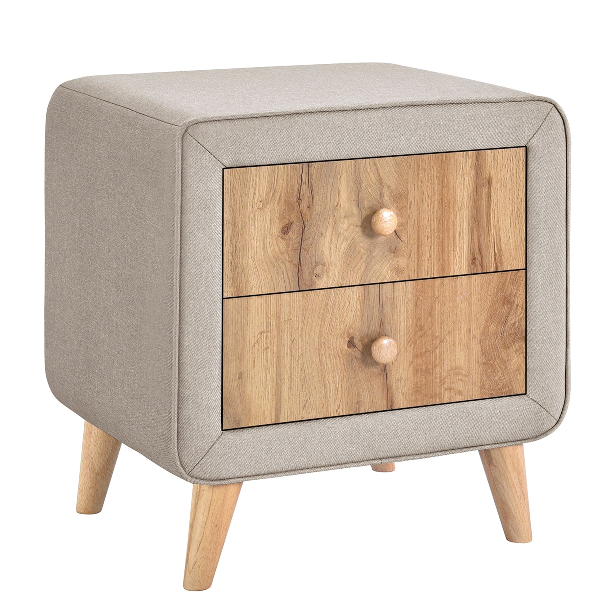 Upholstered Wooden Nightstand with 2 Drawers,Fully Assembled Except Legs and Handles,Bedside Table with Rubber Wood Leg-Beige