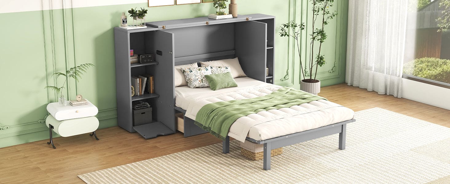 Queen Size Murphy Bed with Shelves, Drawers and USB Ports,Gray