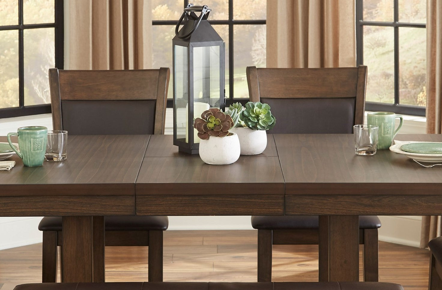 Transitional 5pc Dining Set Table with Self-Storing Leaf and Faux Leather Upholstered 4x Side Chairs Light Rustic Brown Finish Dining Room Furniture