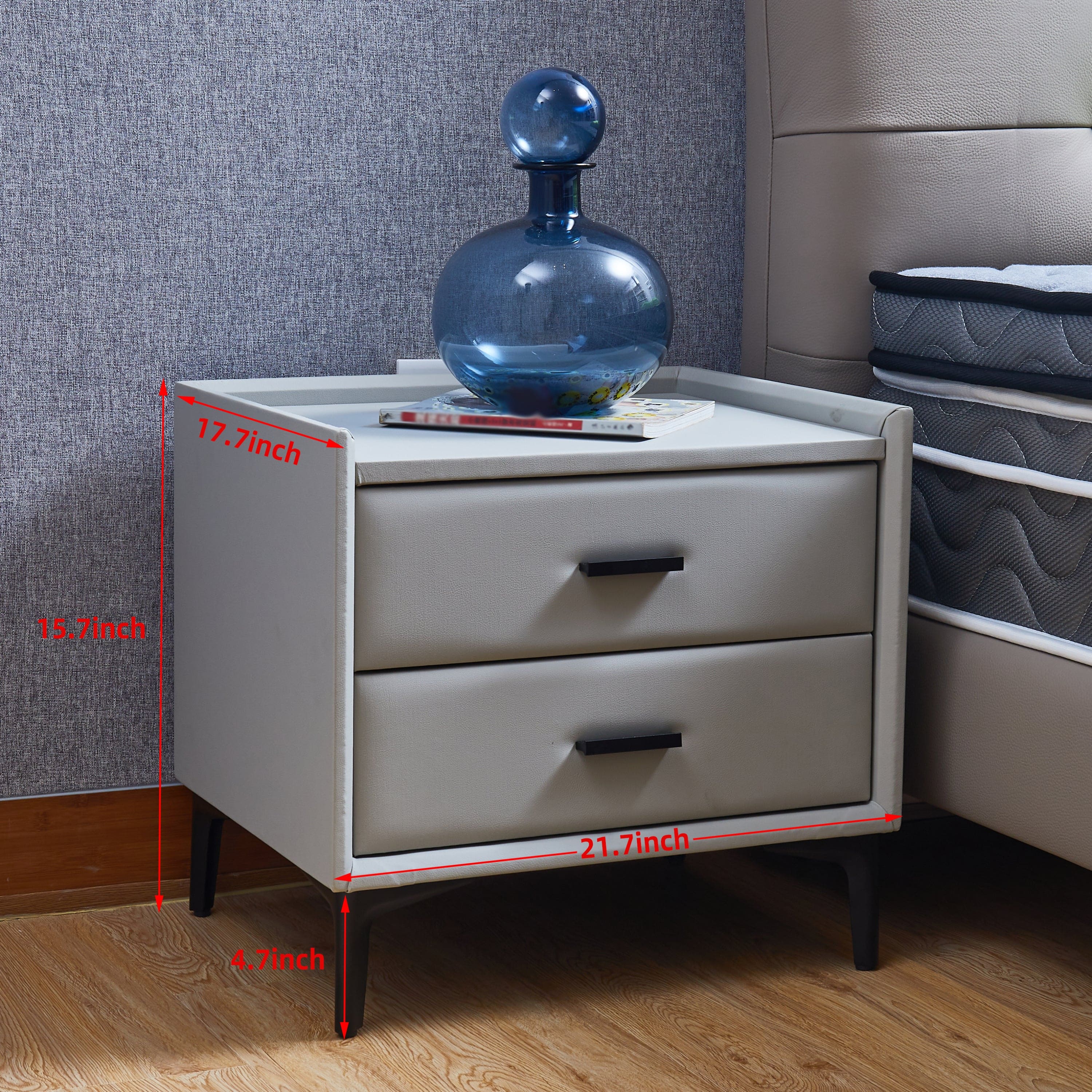 Nightstand, Modern Nightstand with 2 Drawers, Night Stand with PU Leather and Hardware Legs, End Table, Bedside Cabinet for Living Room/Bedroom (Grey blue)