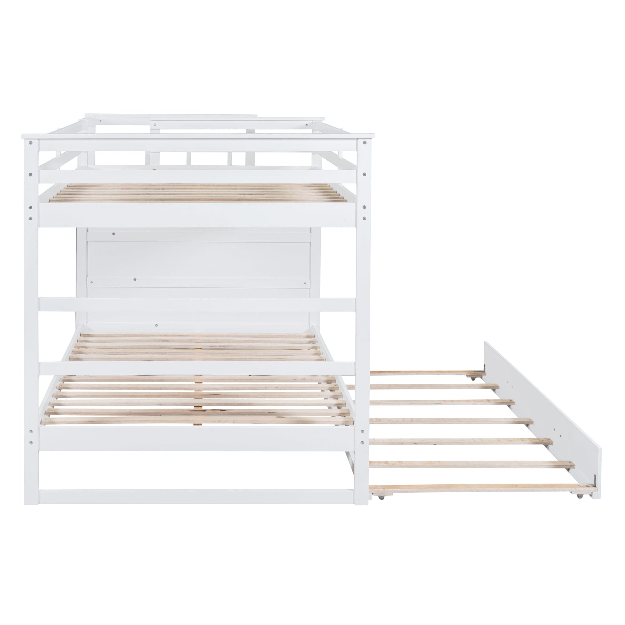 Full Over Full Bunk Bed with Twin Size Trundle and Staircase, White