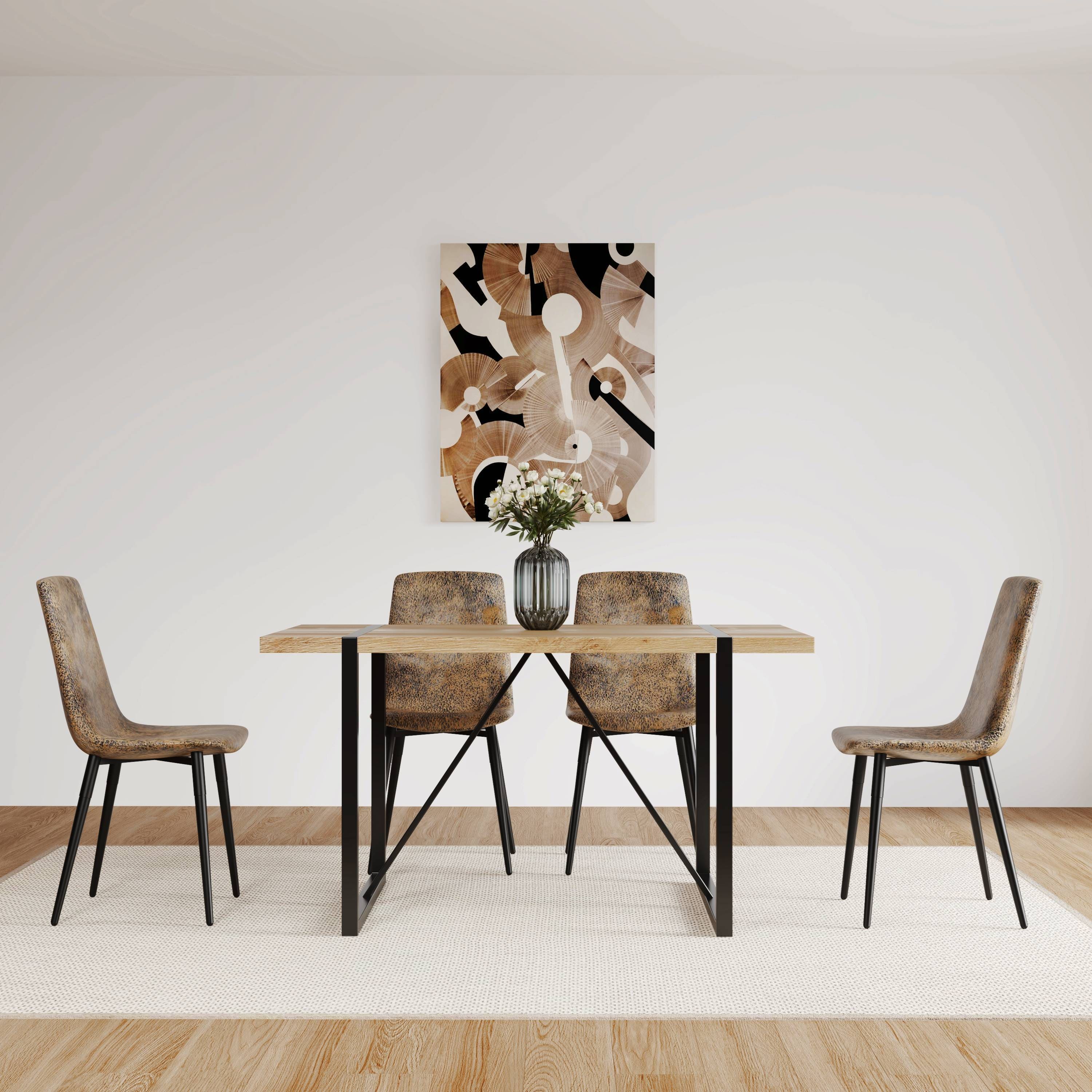 MDF Wood Colour Dining Table and Modern Dining Chairs Set of 4, Mid Century Wooden Kitchen Table Set, Metal Base & Legs, Dining Room Table and Suede Chairs