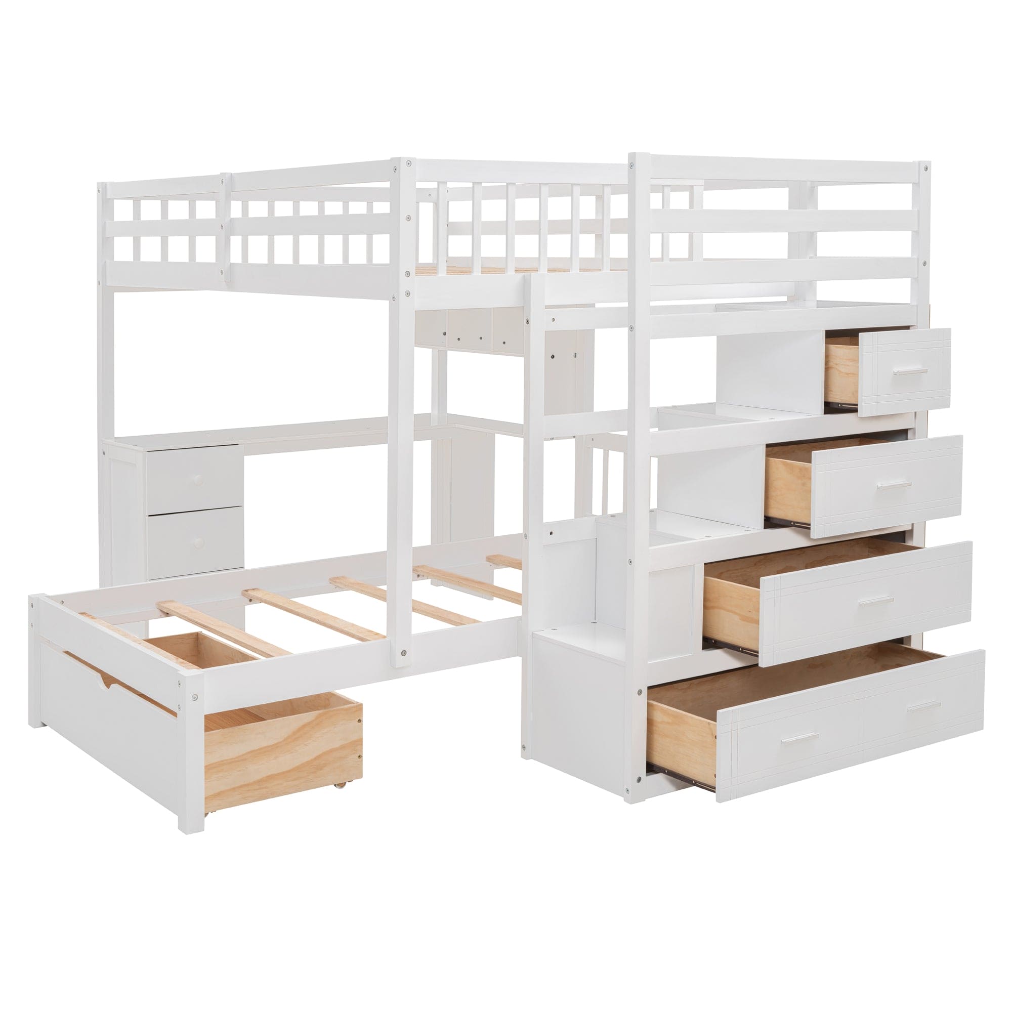 Full Over Twin Bunk Bed with Desk, Drawers and Shelves, White