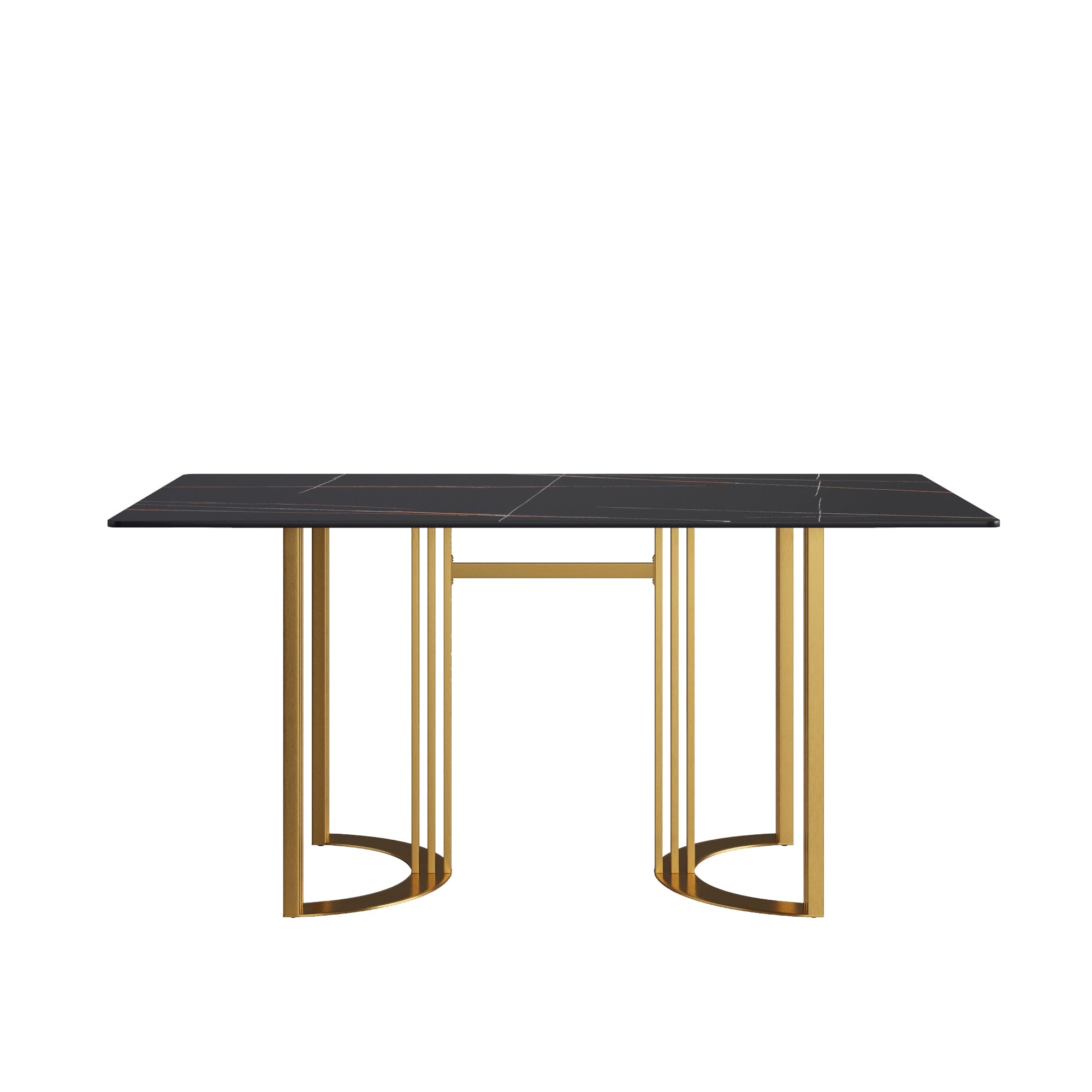 63"Modern artificial stone black straight edge golden metal leg dining table -6 people