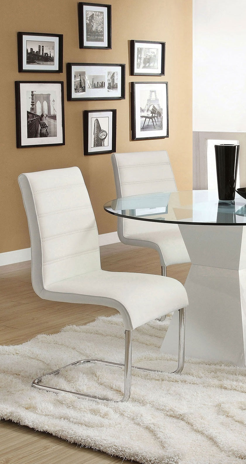 Contemporary White Padded Leatherette 2pc Side Chairs Set of 2 Chairs Kitchen Dining Room Metal Chrome Legs