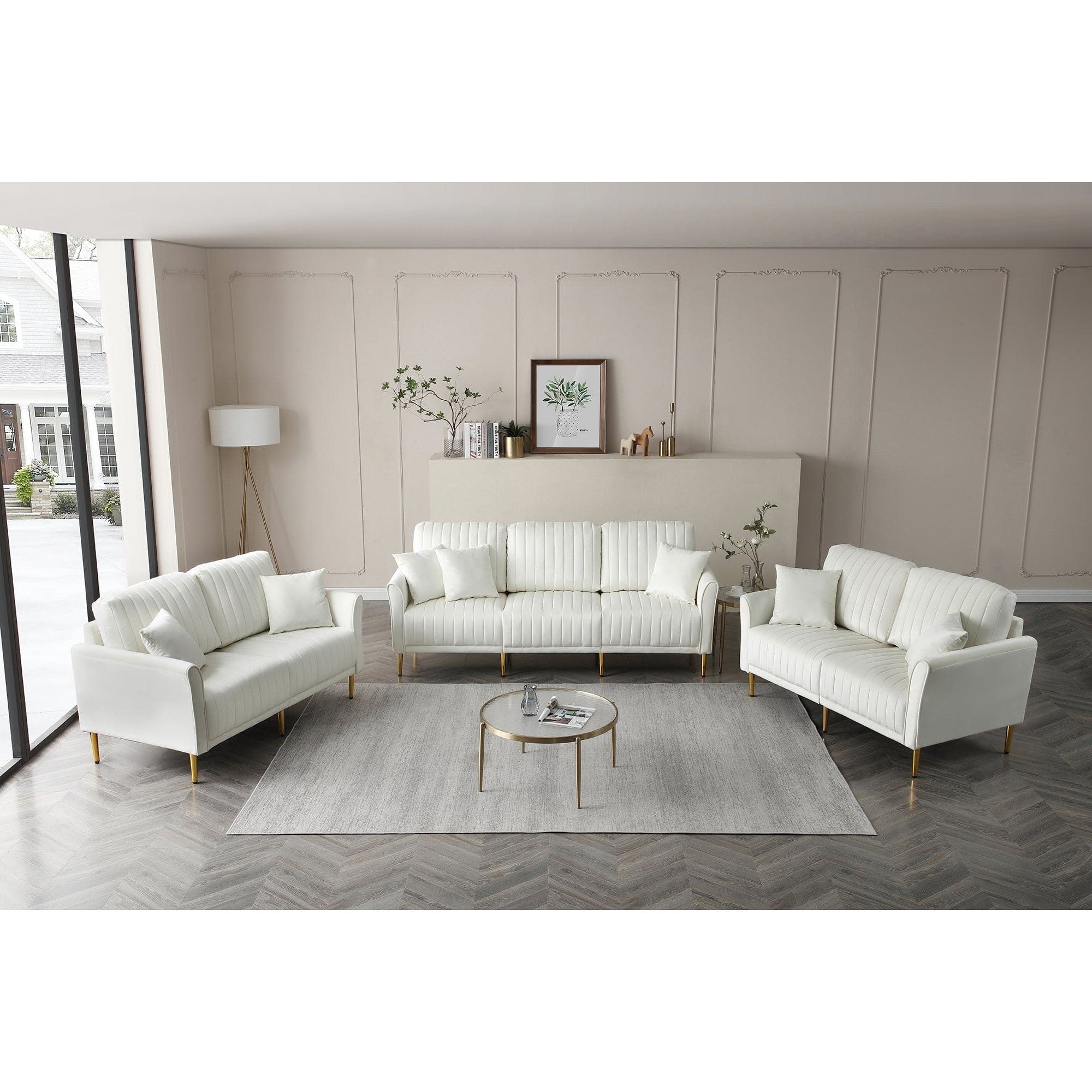 Modern Upholstered Sofa 3 Seater Couches and 2 Set of 2 Seater Couchses for Living Room Sectional Sofas w/throw Pillows and Gold Metal Legs, Cream Velvet