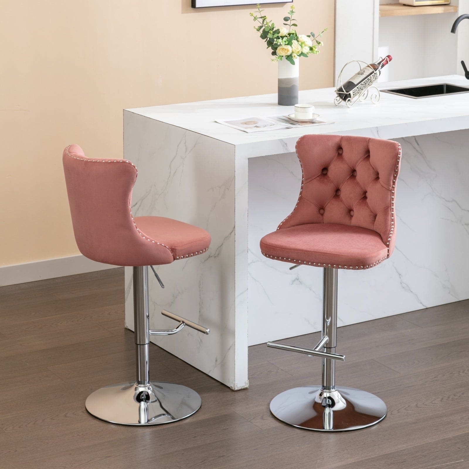 Swivel Velvet Barstools Pink Set of 2