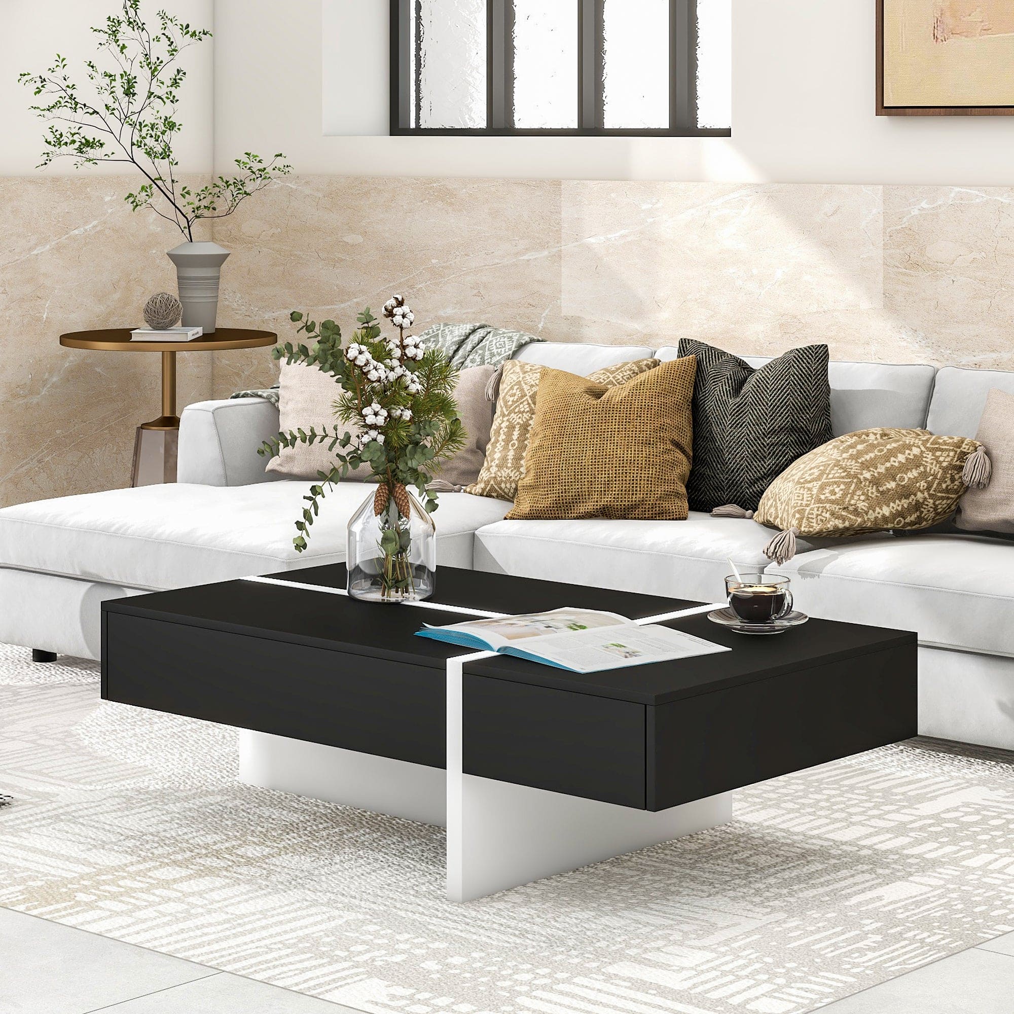 ON-TREND Contemporary Rectangle Design Living Room Furniture, Modern High Gloss Surface Cocktail Table, Center Table for Sofa or Upholstered Chairs, 45.2*25.5*13.7in, Black