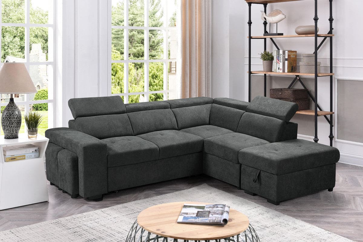 Henrik Dark Gray Sleeper Sectional Sofa with Storage Ottoman and 2 Stools