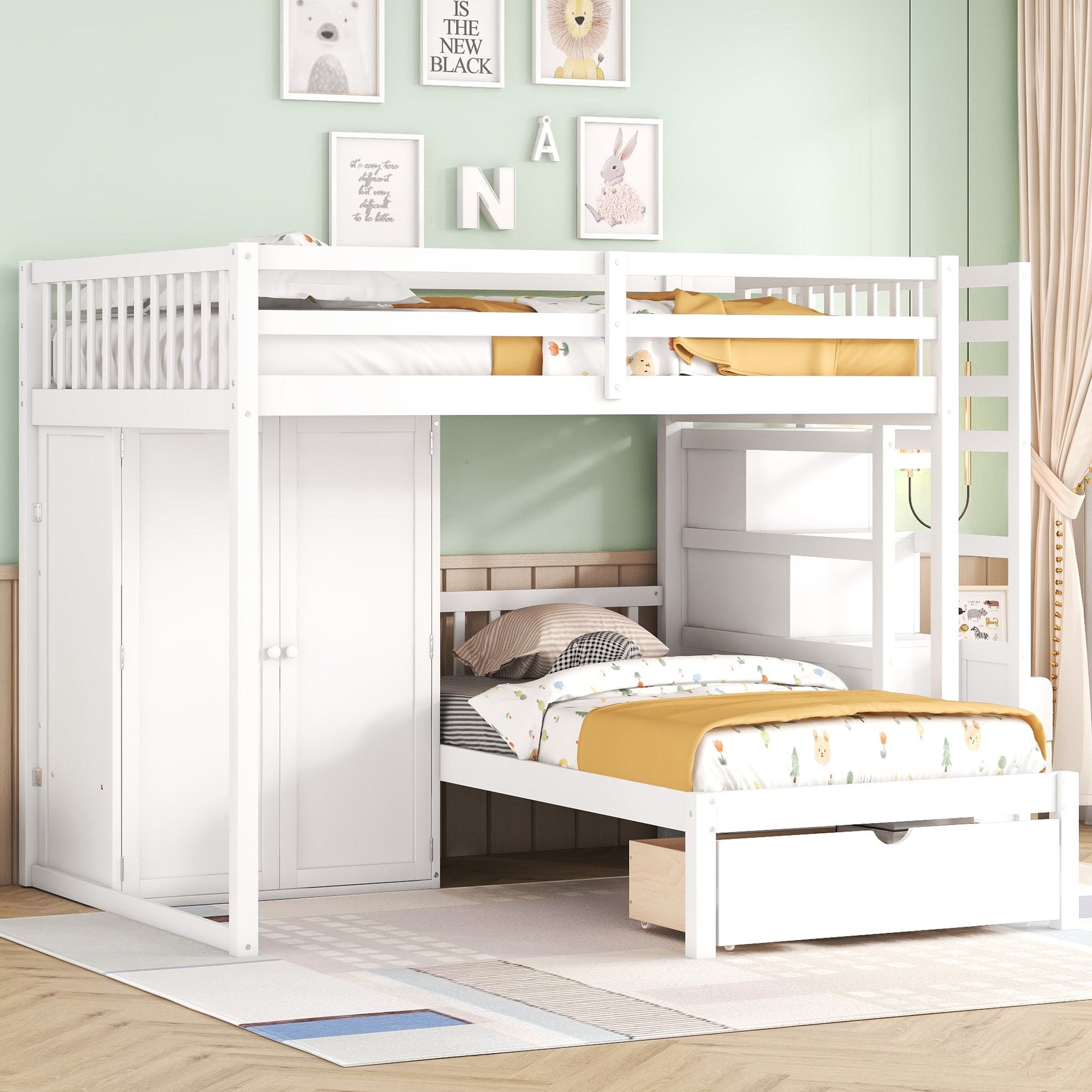 Full Over Twin Bunk Bed with Wardrobe, Drawers, White