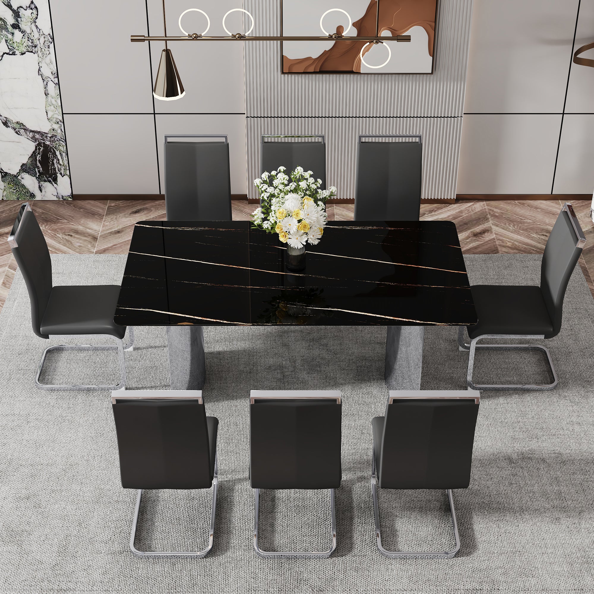 Modern minimalist dining table. The black imitation marble glass desktop is equipped with silver metal legs. Suitable for restaurants and living rooms 71 "* 39.3" * 29.5 "DT-69